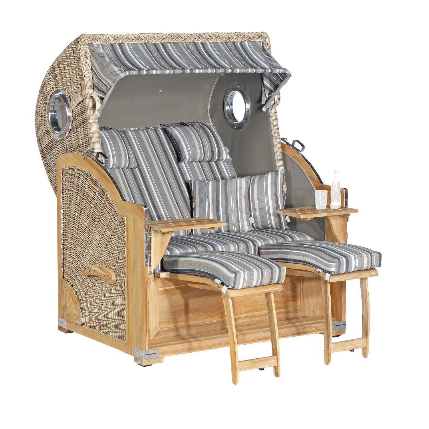 SunnySmart Garten-Strandkorb Rustikal 500 PLUS TEAK COMFORT 3/4-Liegemodell 2-Sitzer XL antikweiß/grau/taupe