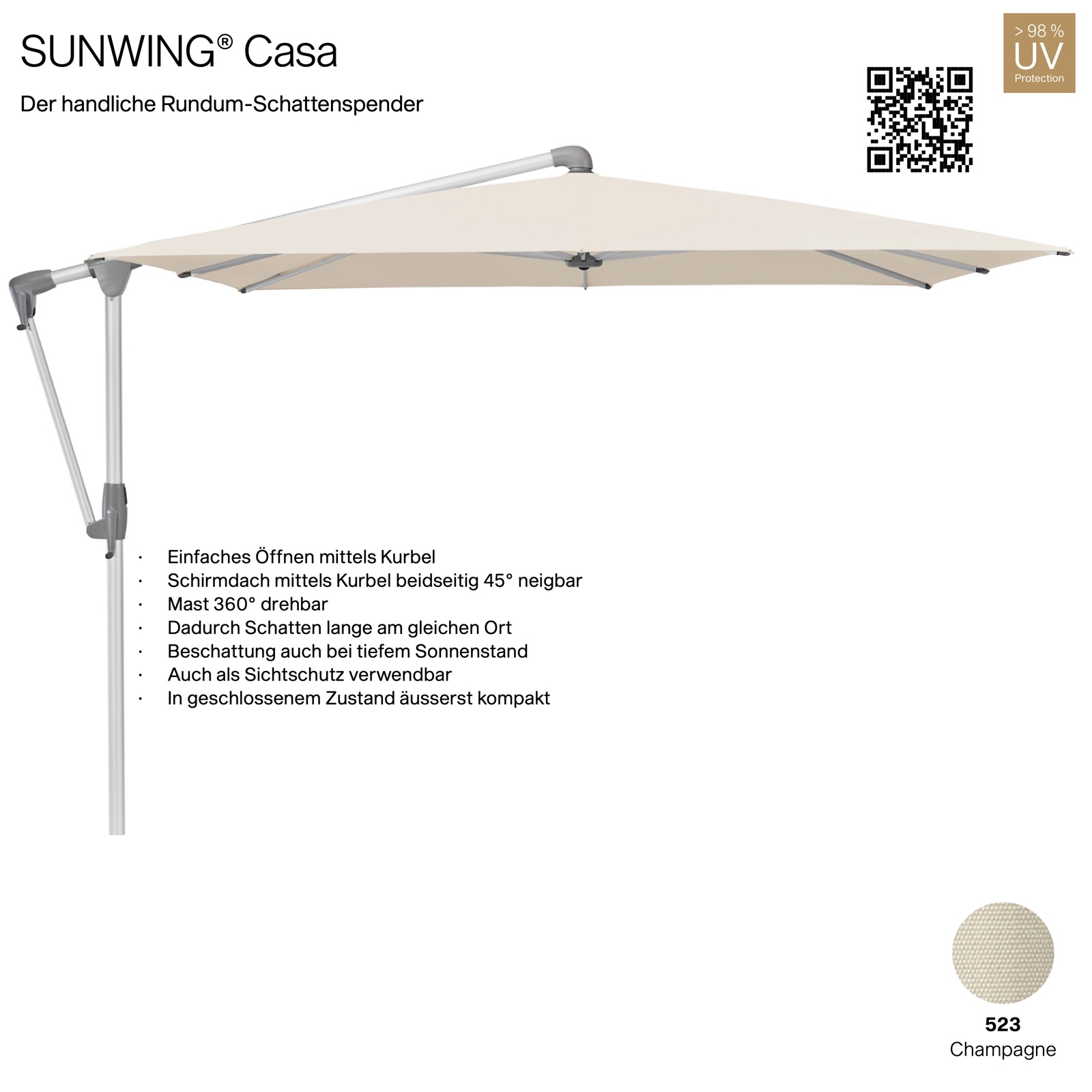 GLATZ Sonnenschirm SUNWING® CASA rechteckig 300 x 240 cm Gestell natureloxiert Farbe 523 Champagne Ampelschirm
