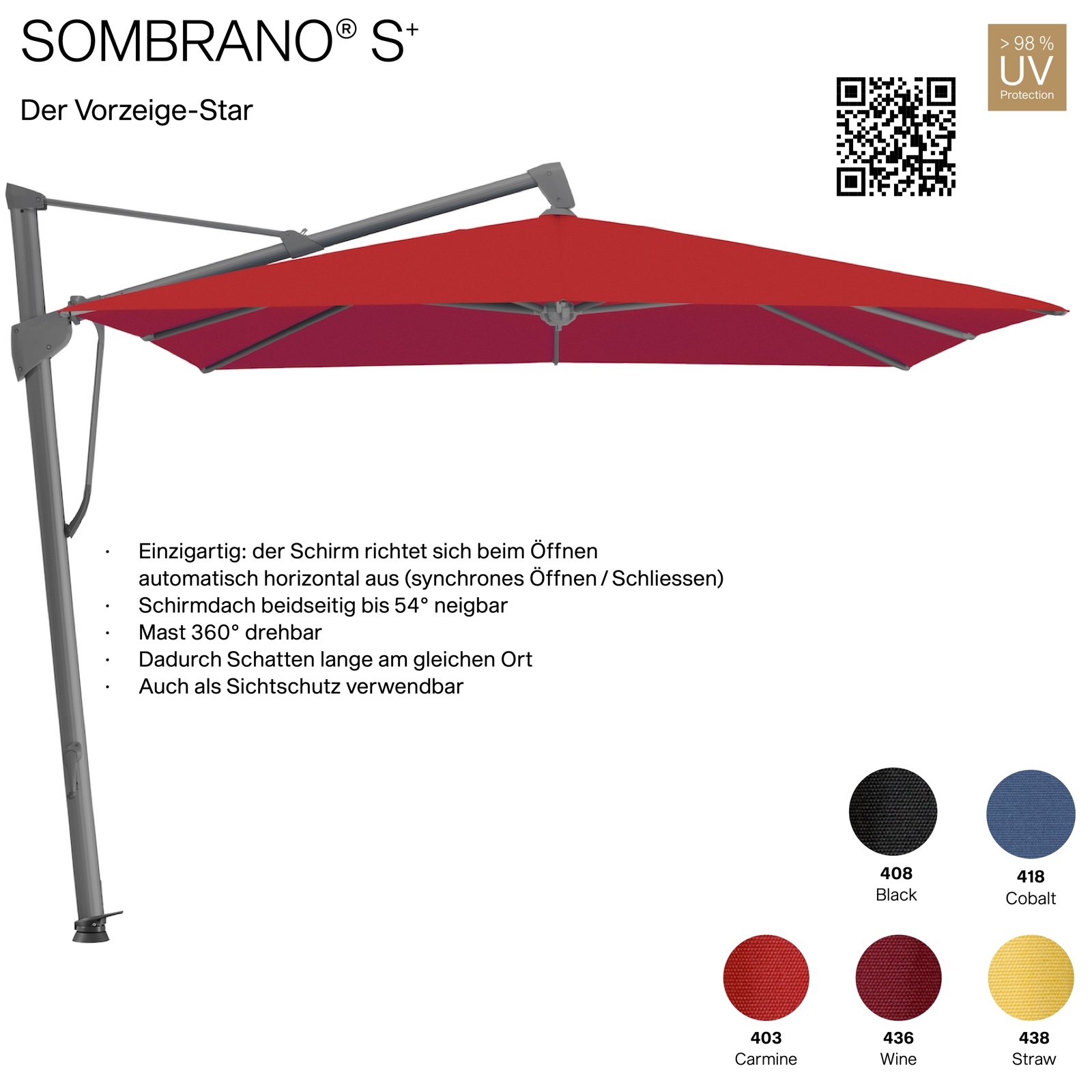 GLATZ Ampelschirm SOMBRANO® S+ quadratisch 300 x 300 cm Freiarmschirm in 5 Farben