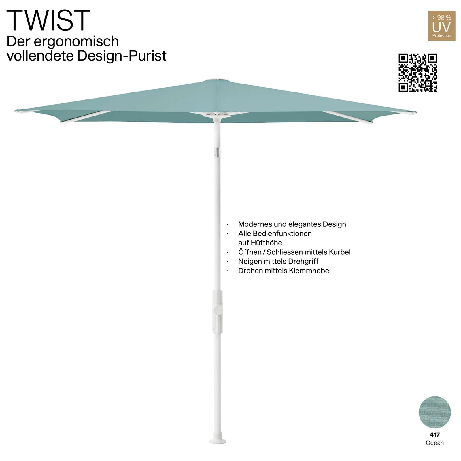 GLATZ Sonnenschirm TWIST 240 x 240 cm Gestell matt weiss Stoff Farbe 417 Ocean Mittelmastschirm