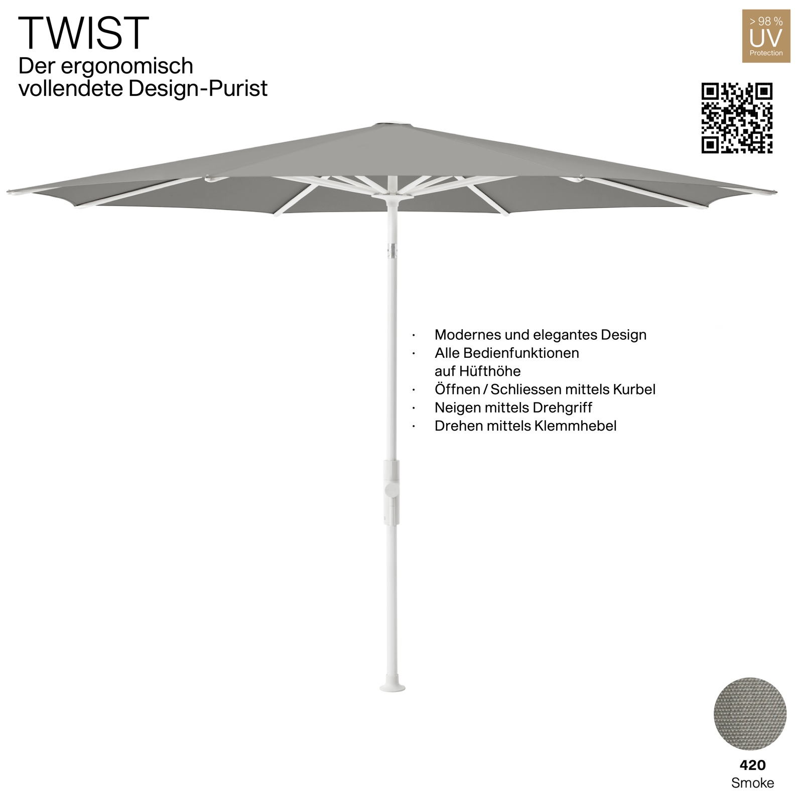 GLATZ Sonnenschirm TWIST rund ø 270 cm Gestell matt weiss Stoff Farbe 420 Smoke Mittelmastschirm GLATZ Sonnenschirm TWIST rund ø 270 cm Gestell matt weiss Stoff Farbe 420 Smoke Mittelmastschirm