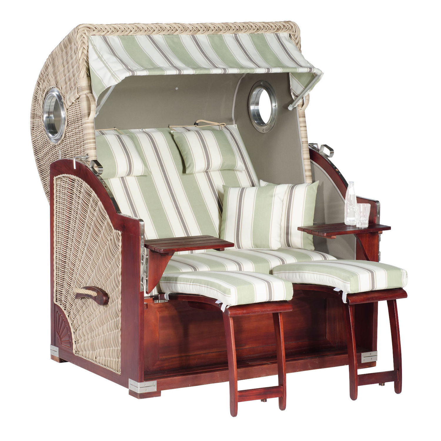 SunnySmart Garten-Strandkorb Rustikal 500 PLUS COMFORT 3/4-Liegemodell 2-Sitzer XL antikweiß/taupe/hellgrün