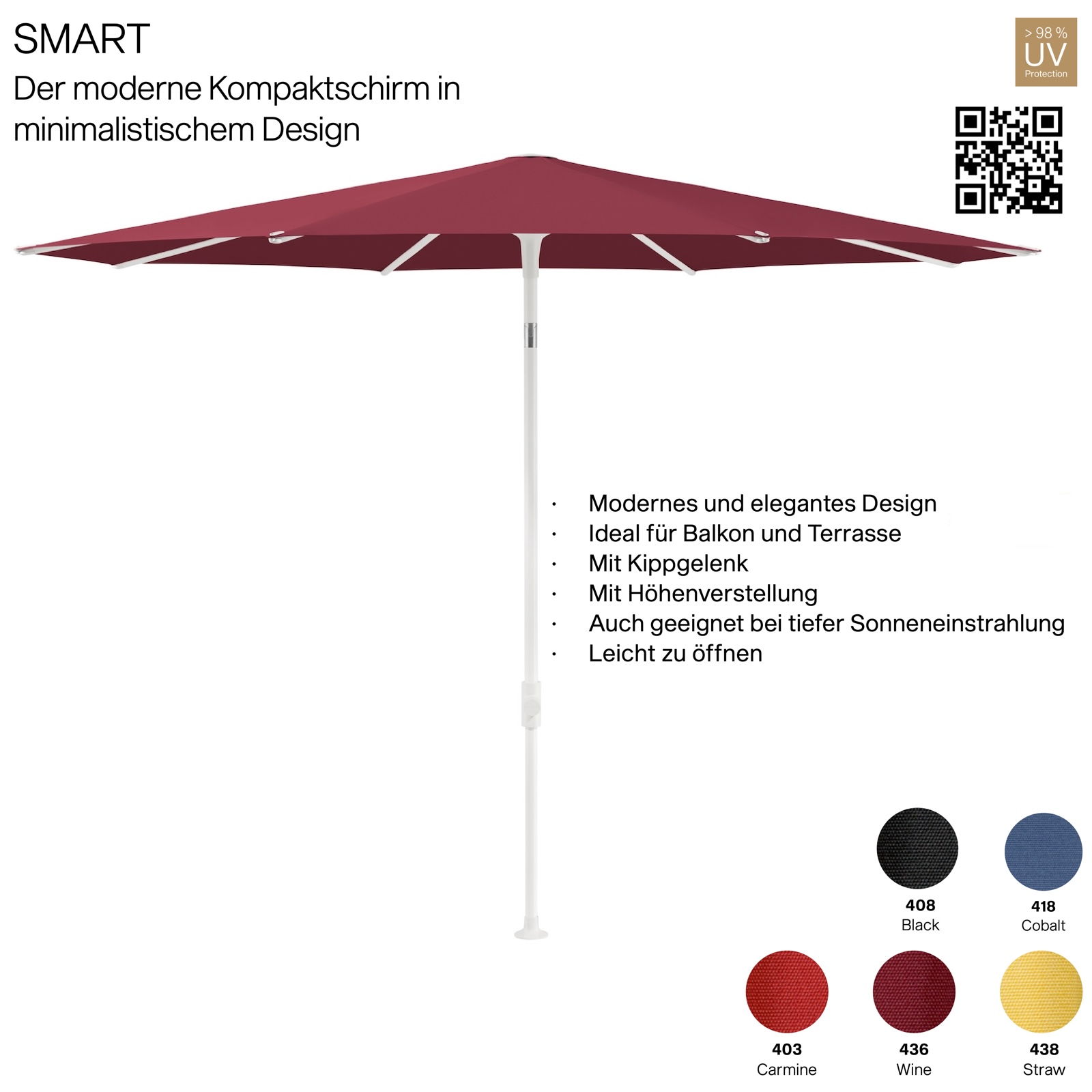 GLATZ Sonnenschirm SMART rund ø 220 cm Gestell matt weiss in 5 Farbvarianten Mittelmastschirm