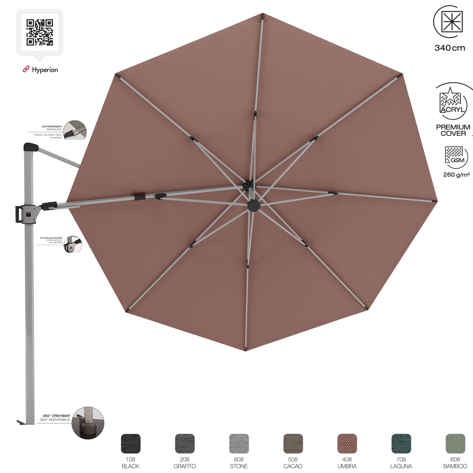 KNIRPS Hyperion Prestige Ampelschirm ø 340 cm Sonnenschirm Pendelschirm 7 Farbvarianten