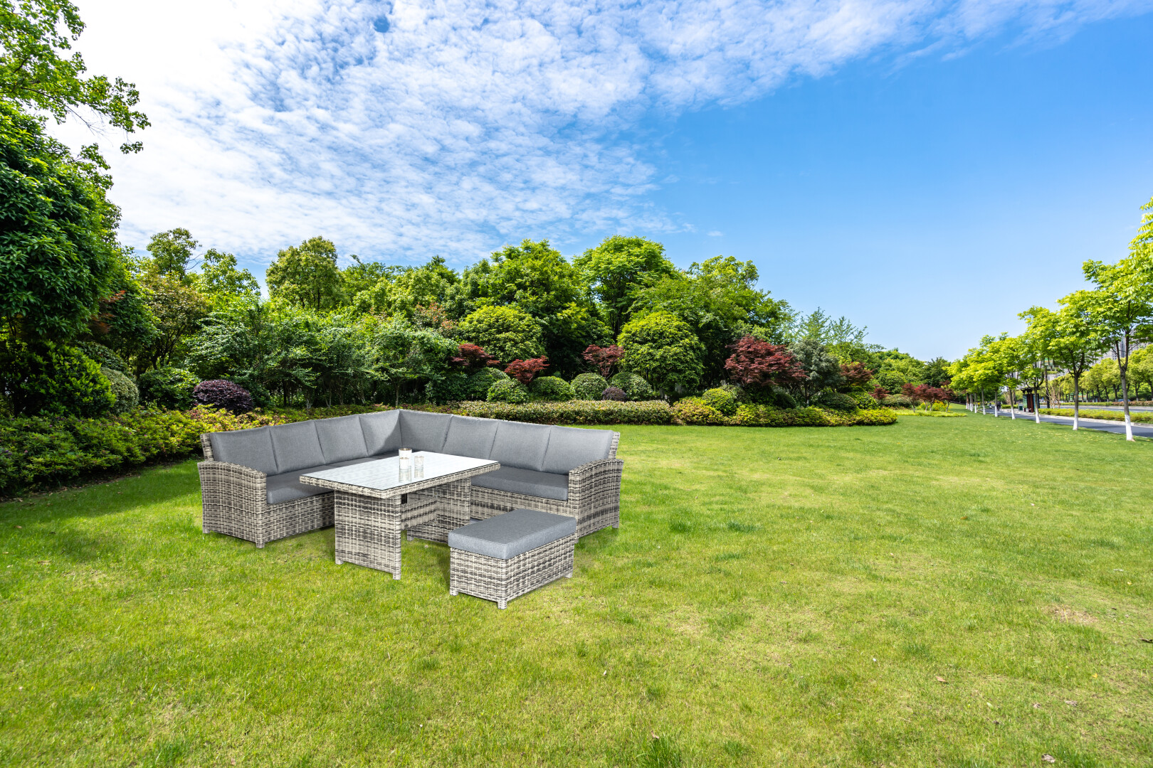 SunnySmart Lounge-Dining-Gruppe Toled Aluminium mit Kunststoffgeflecht vintage-taupe inkl. Kissen (2-Sitzer Eckmodul links, 2-Sitzer Eckmodul rechts, 1 Eckmodul, 2 Mittelmodule, 1 Hockerbank, 1 Tisch)