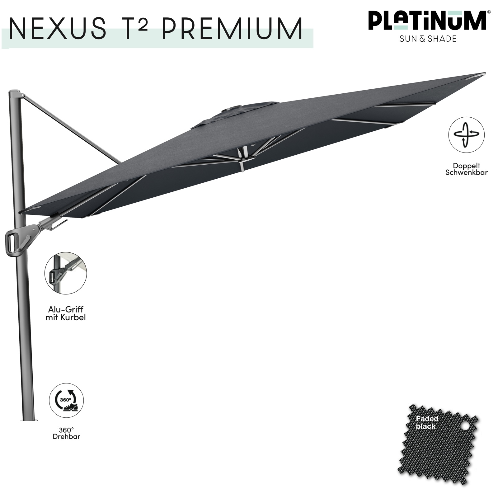 Platinum Nexus T² Premium Ampelschirm quadratisch 300 x 300 cm Freiarmschirm Faded Black