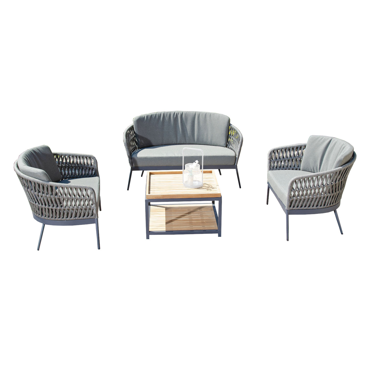 Sonnenpartner 4-teilige Lounge-Sitzgruppe Advokat & Square mit Tisch Aluminium mit Teakholz/Polyrope grau Loungegruppe