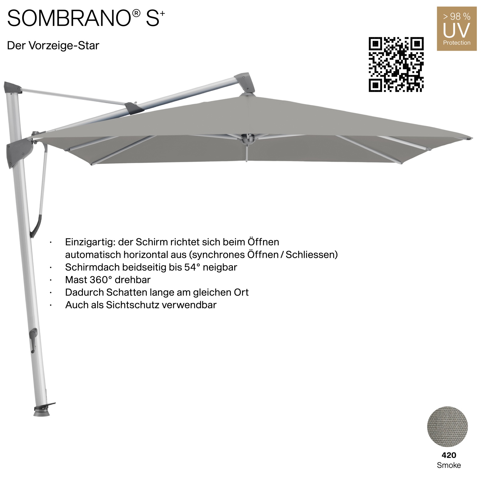 GLATZ Ampelschirm SOMBRANO® S+ quadratisch 300 x 300 cm Freiarmschirm Farbe 420 Smoke