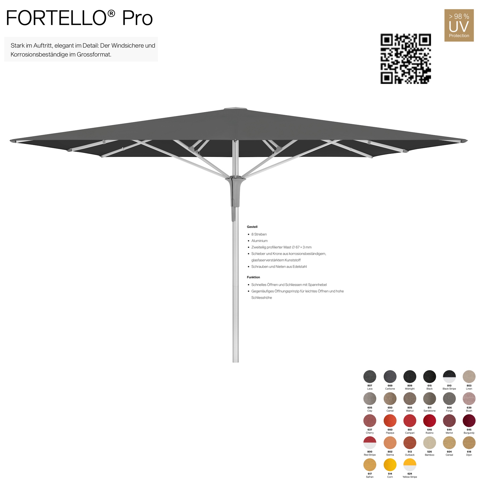 GLATZ Sonnenschirm FORTELLO® Pro quadratisch 350 x 350 cm Mittelmastschirm in 27 Farben