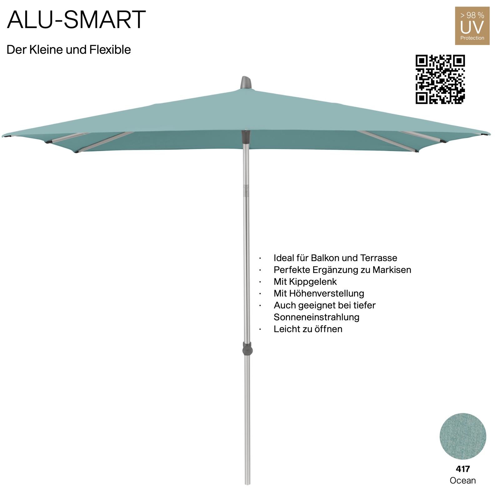 GLATZ Sonnenschirm ALU-SMART 210 x 150 cm Gestell natureloxiert Farbe 417 Ocean