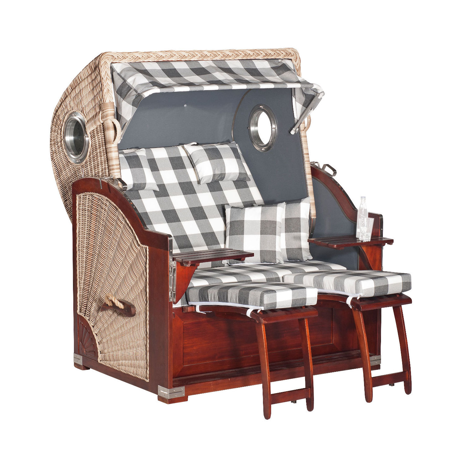 SunnySmart Garten-Strandkorb Rustikal 500 PLUS COMFORT 3/4-Liegemodell 2-Sitzer XL antikweiß/anthrazit/weiß