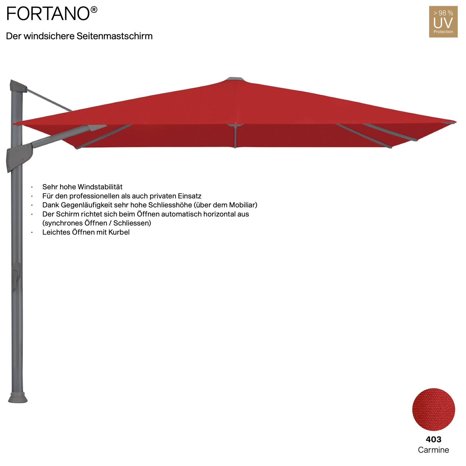 GLATZ Sonnenschirm FORTANO® Ampelschirm 300 x 300 cm Freiarmschirm Farbe 403 Carmine Auslaufartikel