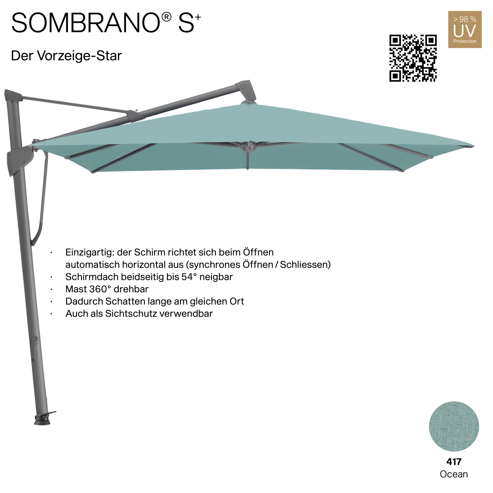 GLATZ Ampelschirm SOMBRANO® S+ quadratisch 350 x 350 cm Freiarmschirm Farbe 417 Ocean