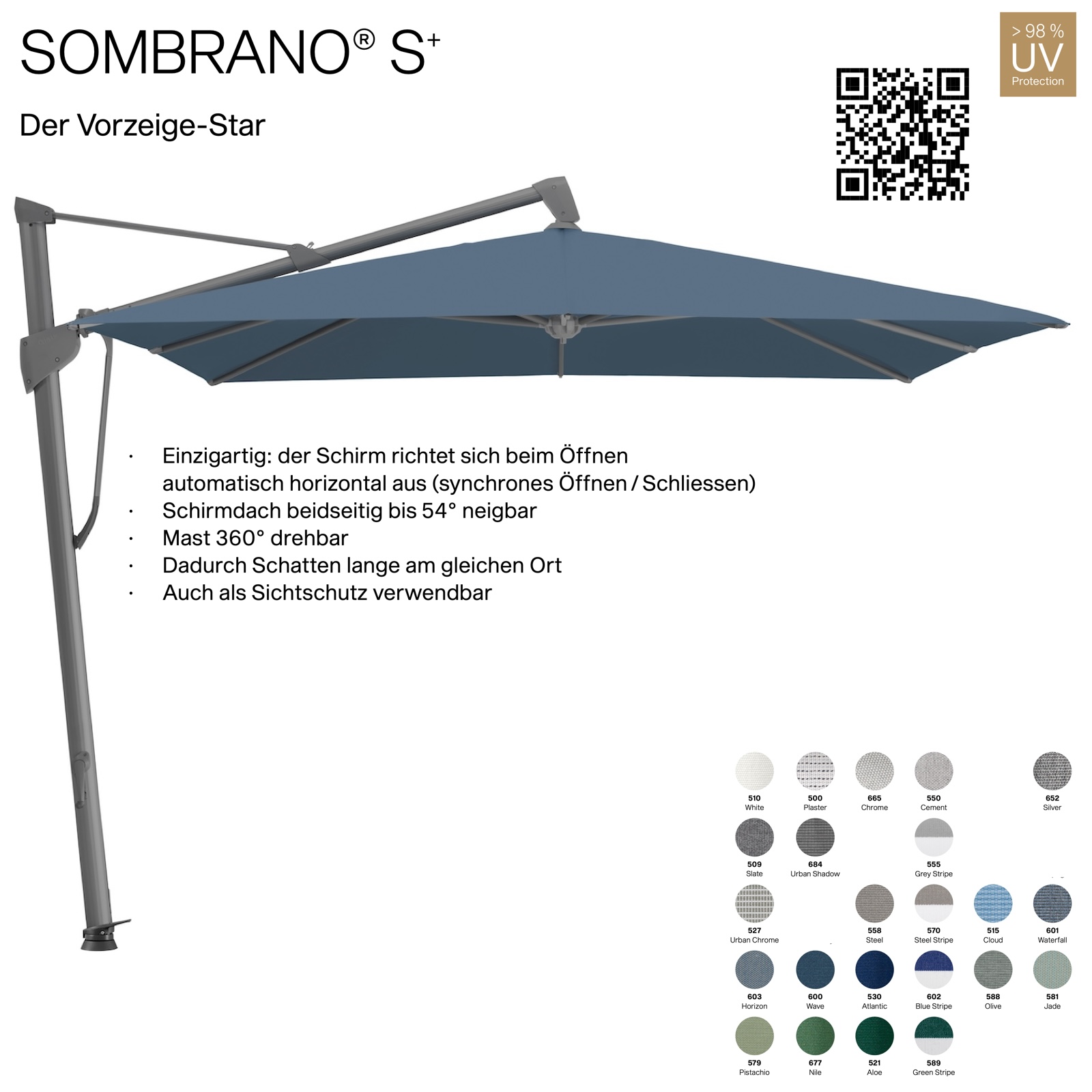 GLATZ Ampelschirm SOMBRANO® S+ quadratisch 350 x 350 cm Freiarmschirm in 23 Farben wählbar