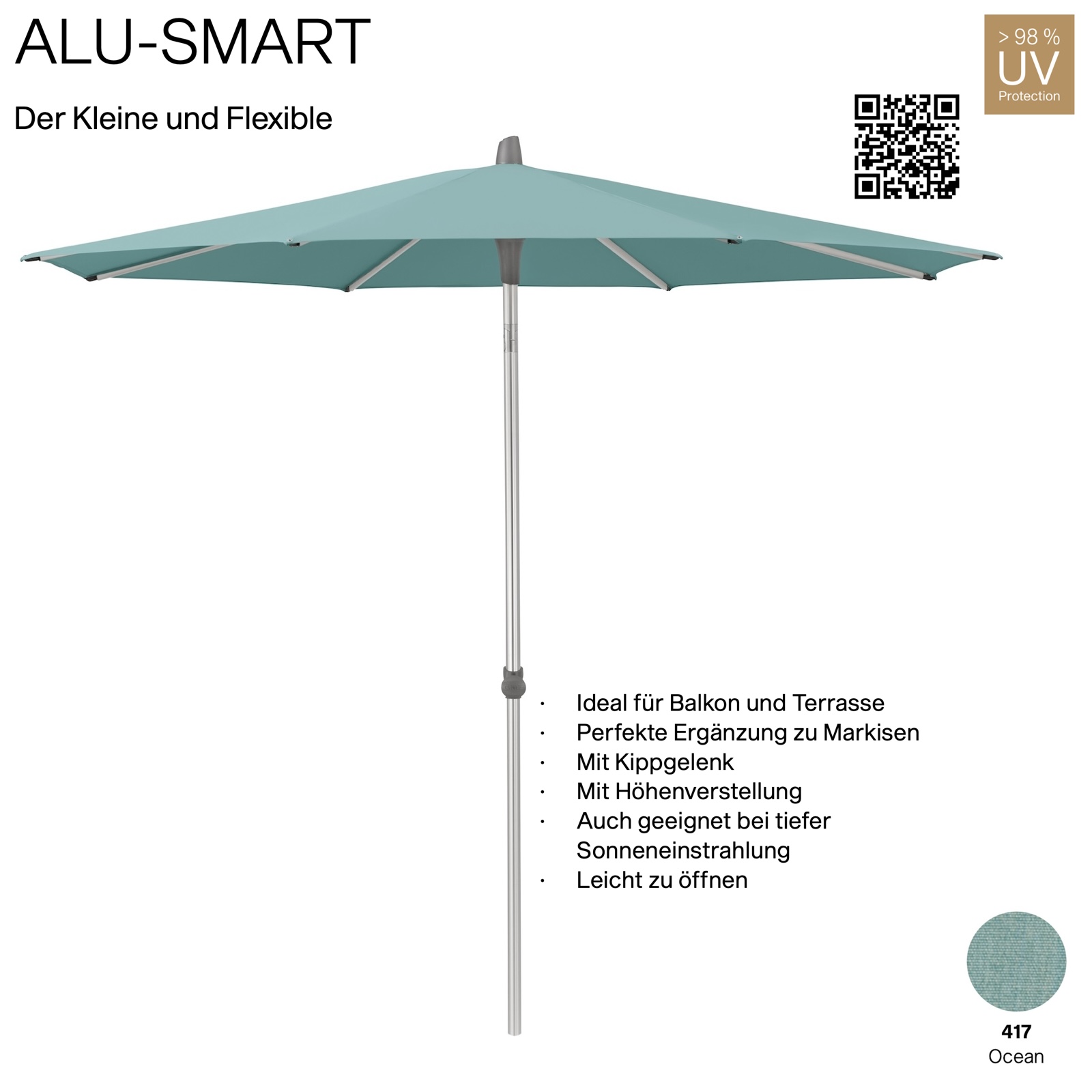 GLATZ Sonnenschirm ALU-SMART rund ø 300 cm Gestell natureloxiert Farbe 417 Ocean Mittelstock