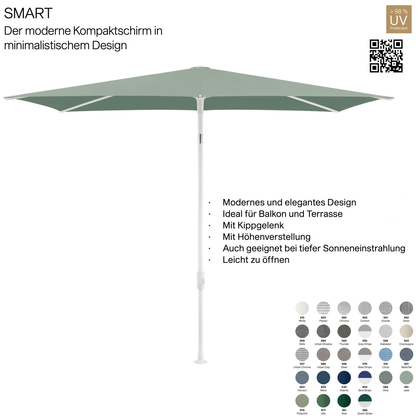 GLATZ Sonnenschirm SMART 240 x 240 cm Gestell matt weiss Stoff 100 % Polyacryl verschiedene Farben