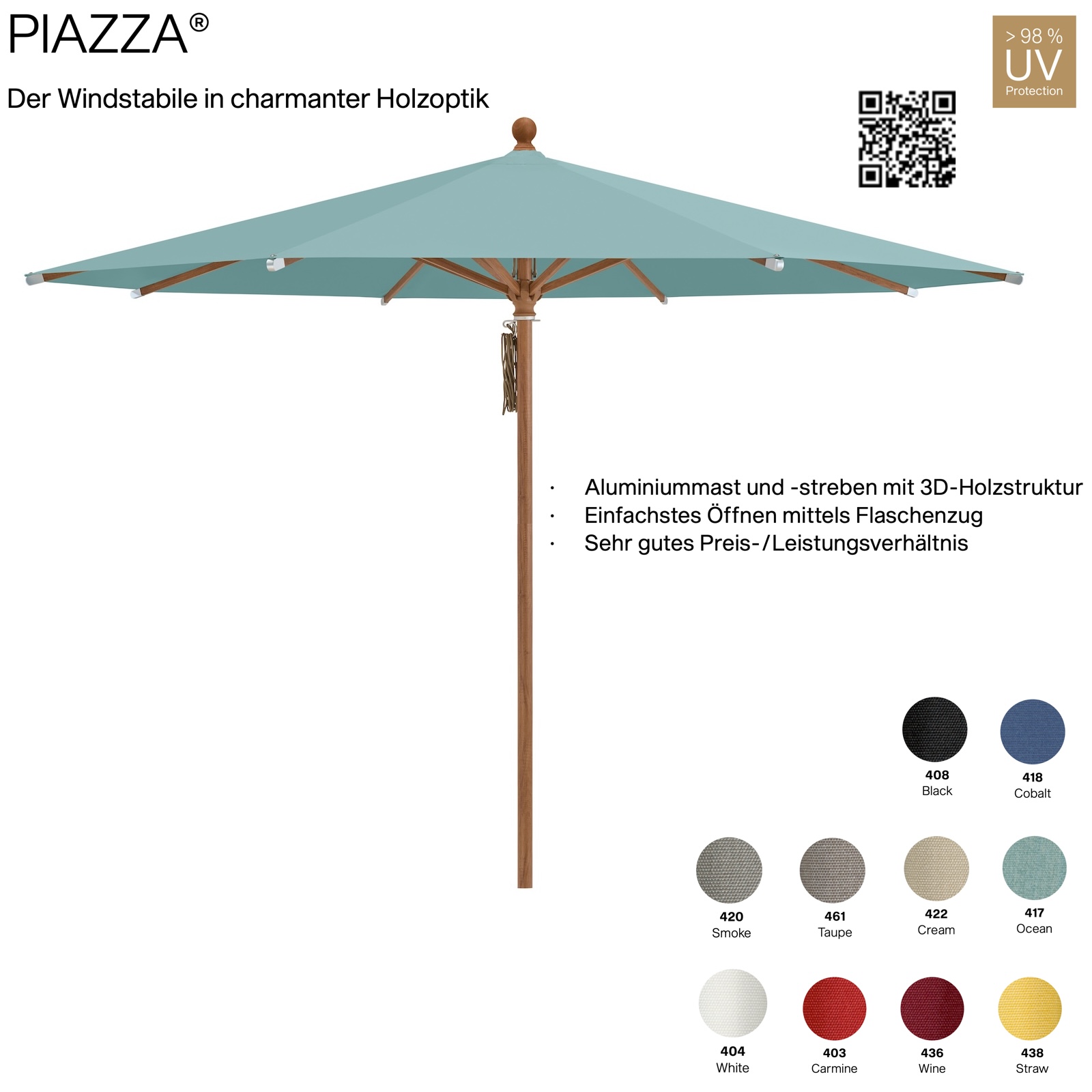 GLATZ Sonnenschirm PIAZZA rund 300 cm Mittelmastschirm Stoffqualität 4 verschiedene Farben