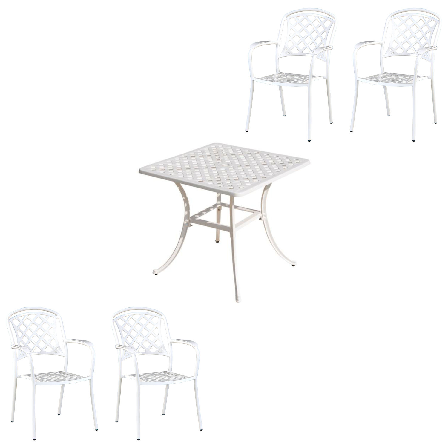 Inko 5-teilige Sitzgruppe Aluminium Guss weiß Tisch 80x80cm mit 4 Sesseln Inko 5-teilige Sitzgruppe Aluminium Guss weiß Tisch 80x80cm mit 4 Sesseln