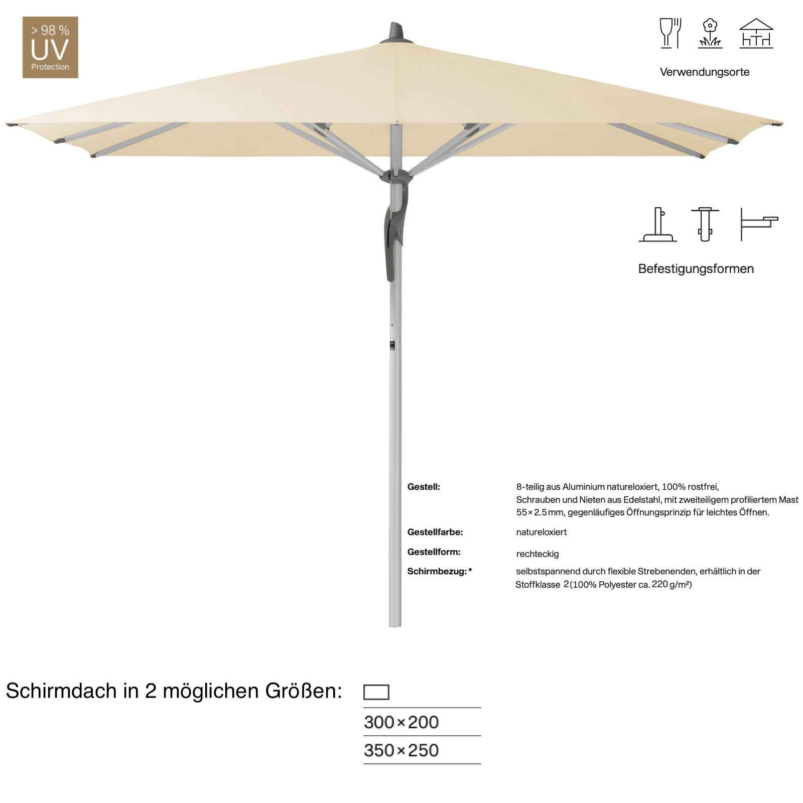 GLATZ Sonnenschirm FORTERO® easy rechteckig 300 x 200 / 350 x 250 cm Stoffklasse 2 Eggshell 150 Mittelmast