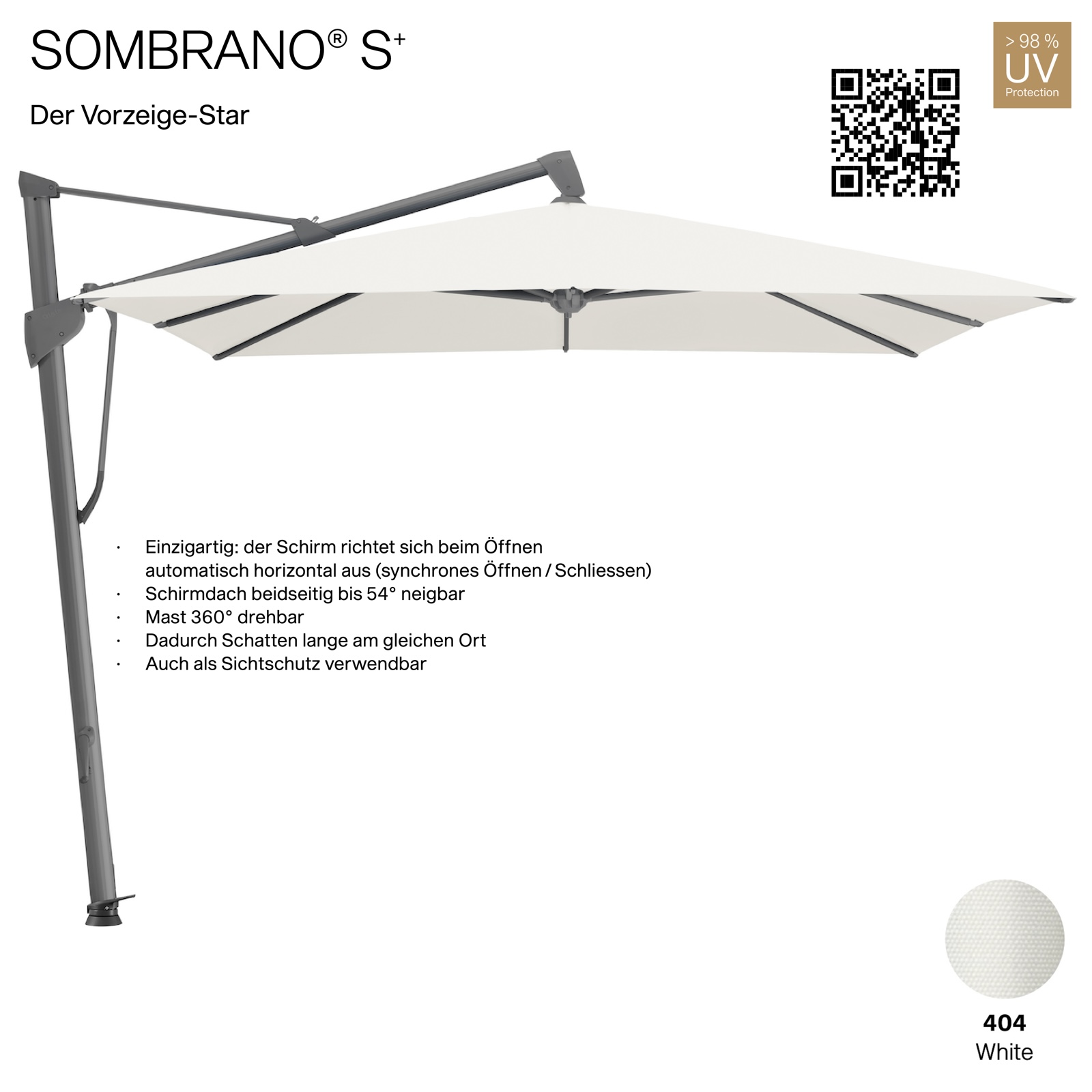 GLATZ Ampelschirm SOMBRANO® S+ quadratisch 350 x 350 cm Freiarmschirm Farbe 404 White