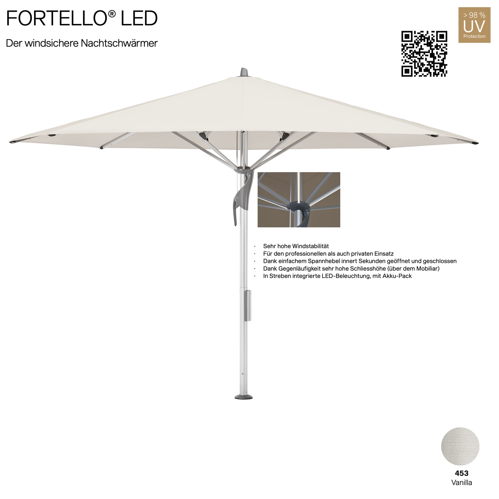 GLATZ Sonnenschirm FORTELLO® rund ø 400 cm Farbe 453 Vanilla Mittelmastschirm inkl. Akku-Pack