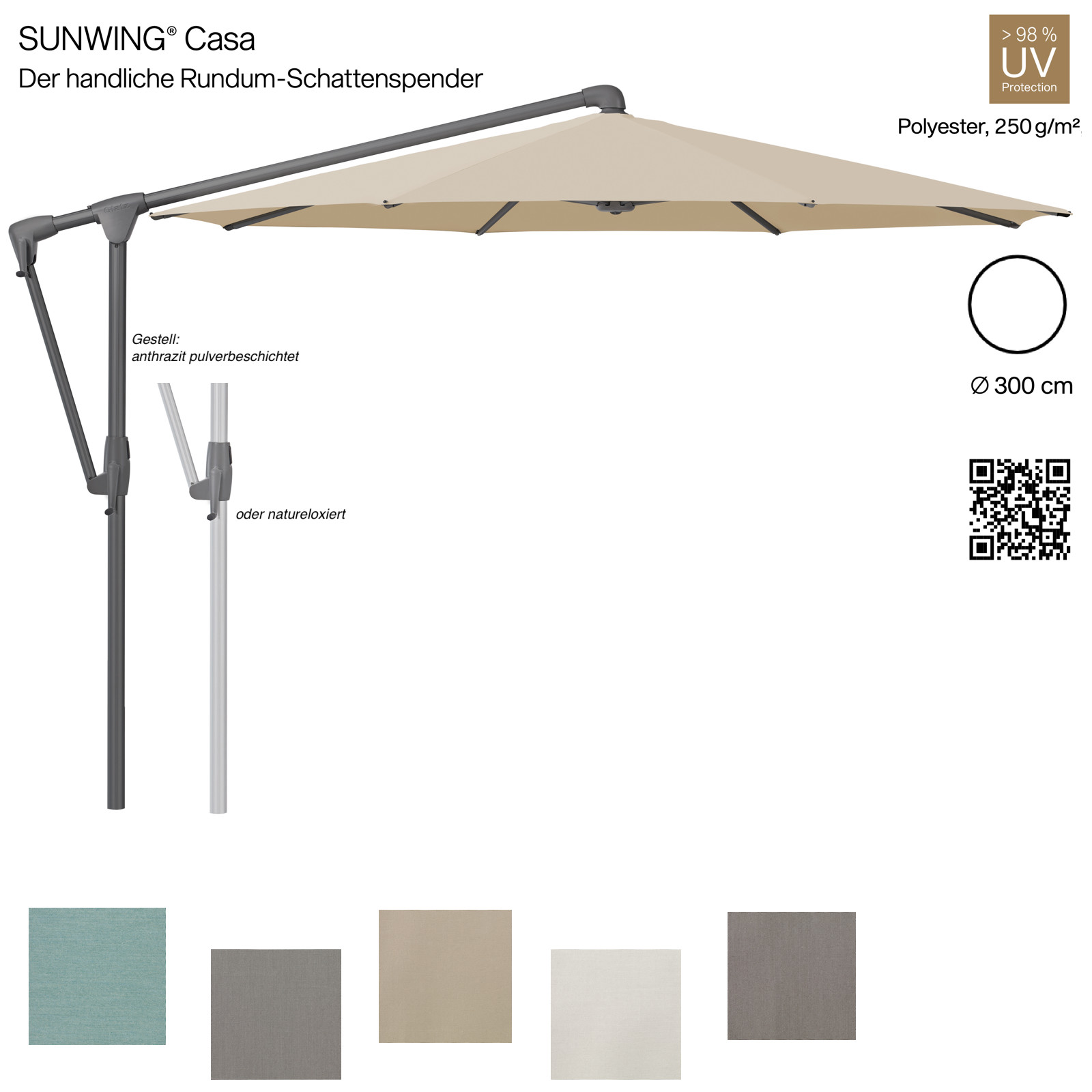 GLATZ Sonnenschirm SUNWING® CASA rund ø 300 cm 5 mögliche Farben Ampelschirm Stoffklasse 4 GLATZ Sonnenschirm SUNWING® CASA rund ø 300 cm 5 mögliche Farben Ampelschirm Stoffklasse 4