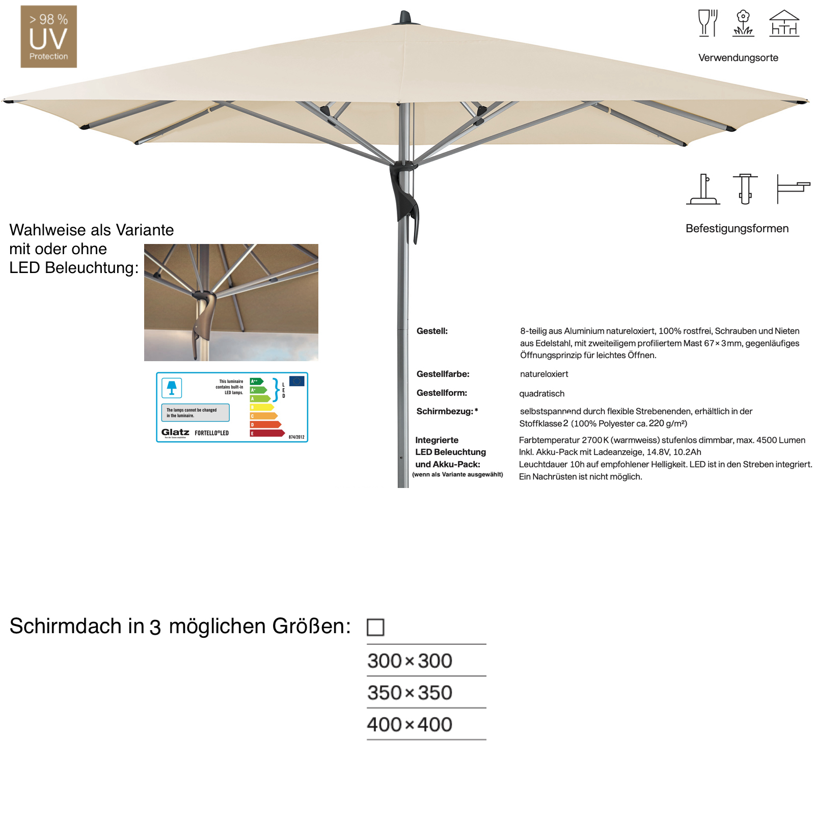 GLATZ Sonnenschirm FORTELLO® / LED 300 x 300 / 350 x 350 / 400 x 400 cm Off-White 158 Mittelmastschirm