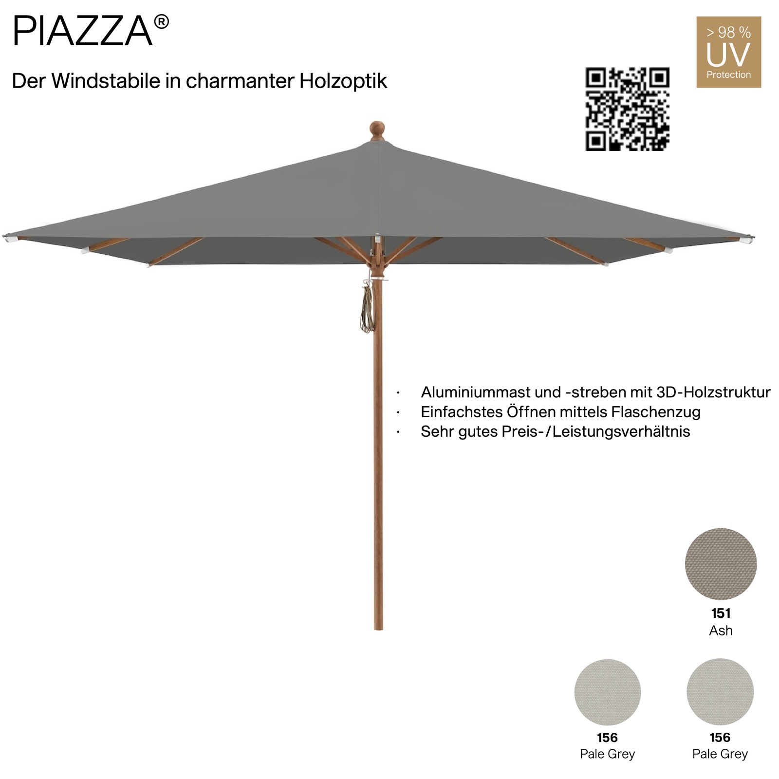 GLATZ Sonnenschirm PIAZZA quadratisch mit 250 x 250 cm Mittelmastschirm Stoffqualität 2 verschiedene Farben