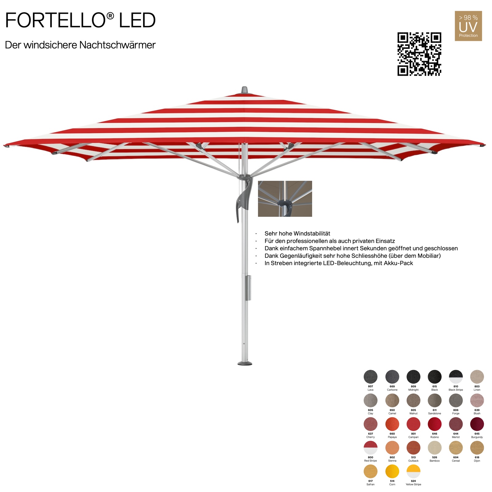 GLATZ Sonnenschirm FORTELLO® quadratisch 350 x 350 cm 100 % Polyacryl inkl. Akku-Pack in 27 Farben