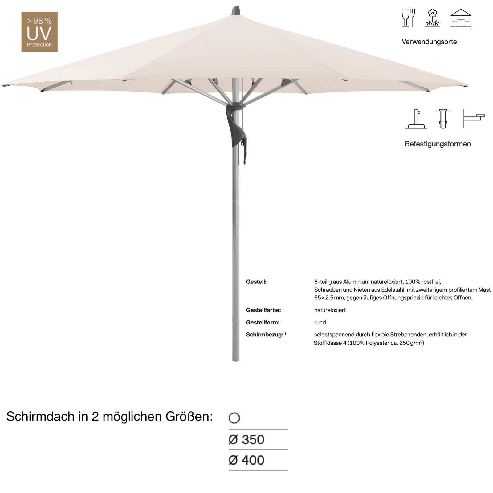 GLATZ Sonnenschirm FORTERO® rund ø 350 cm Stoffklasse 4 Vanilla 453 Mittelstock GLATZ Sonnenschirm FORTERO® rund ø 350 cm Stoffklasse 4 Vanilla 453 Mittelstock