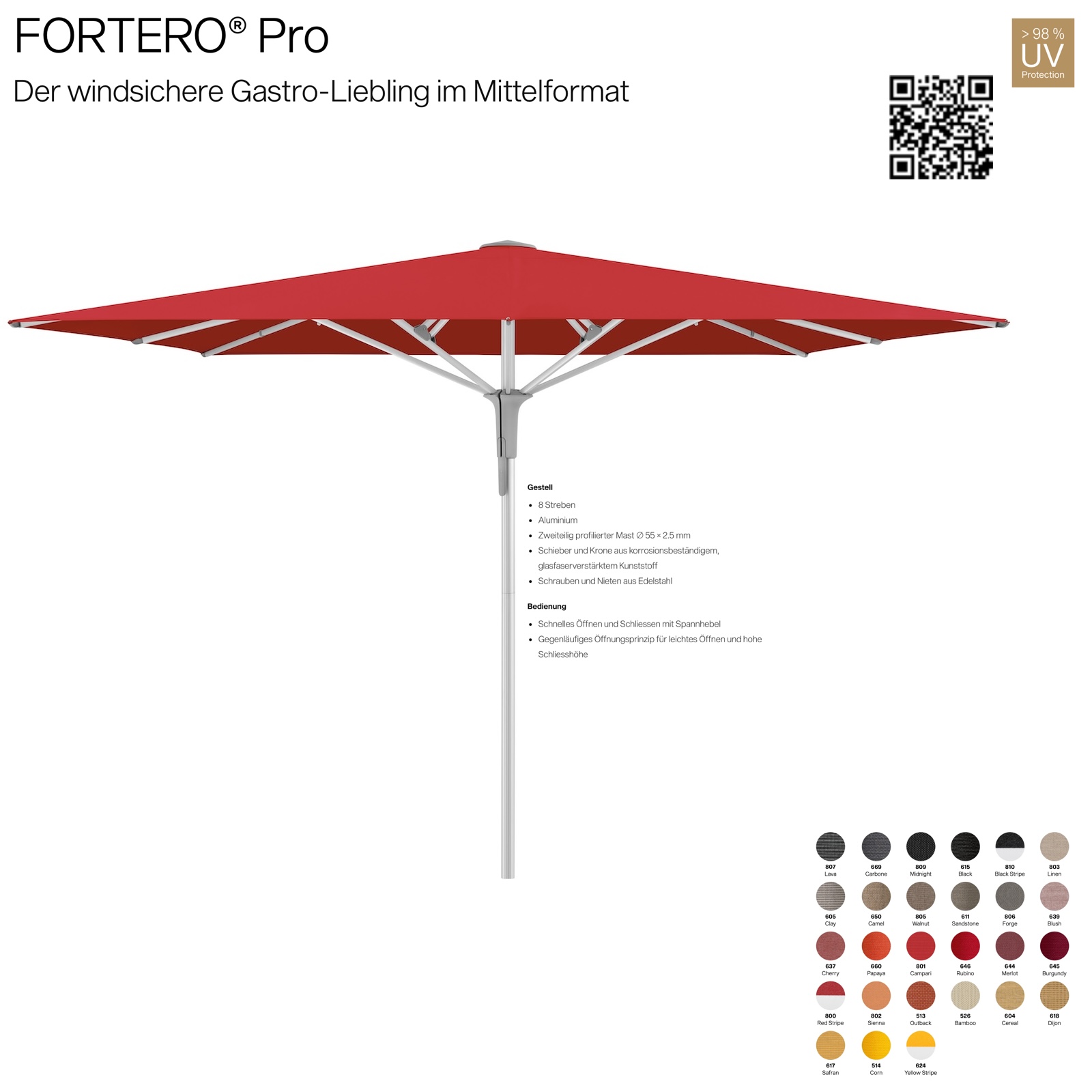 GLATZ Sonnenschirm FORTERO® Pro quadratisch 350 x 350 cm 100 % Polyacryl Mittelstock in 27 Farbvarianten