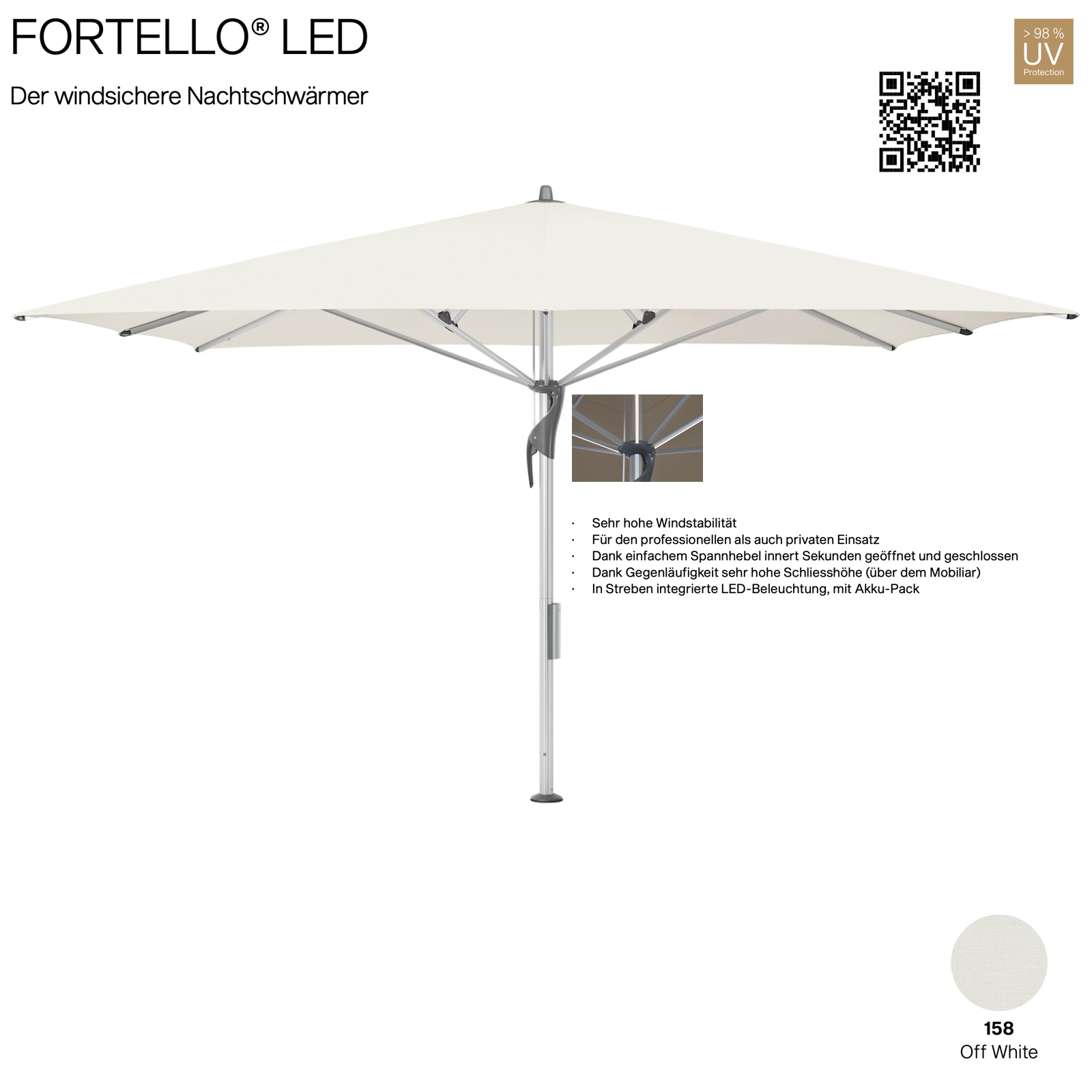 GLATZ Sonnenschirm FORTELLO® quadratisch 400 x 400 cm Farbe 158 Off White Mittelmastschirm inkl. Akku-Pack