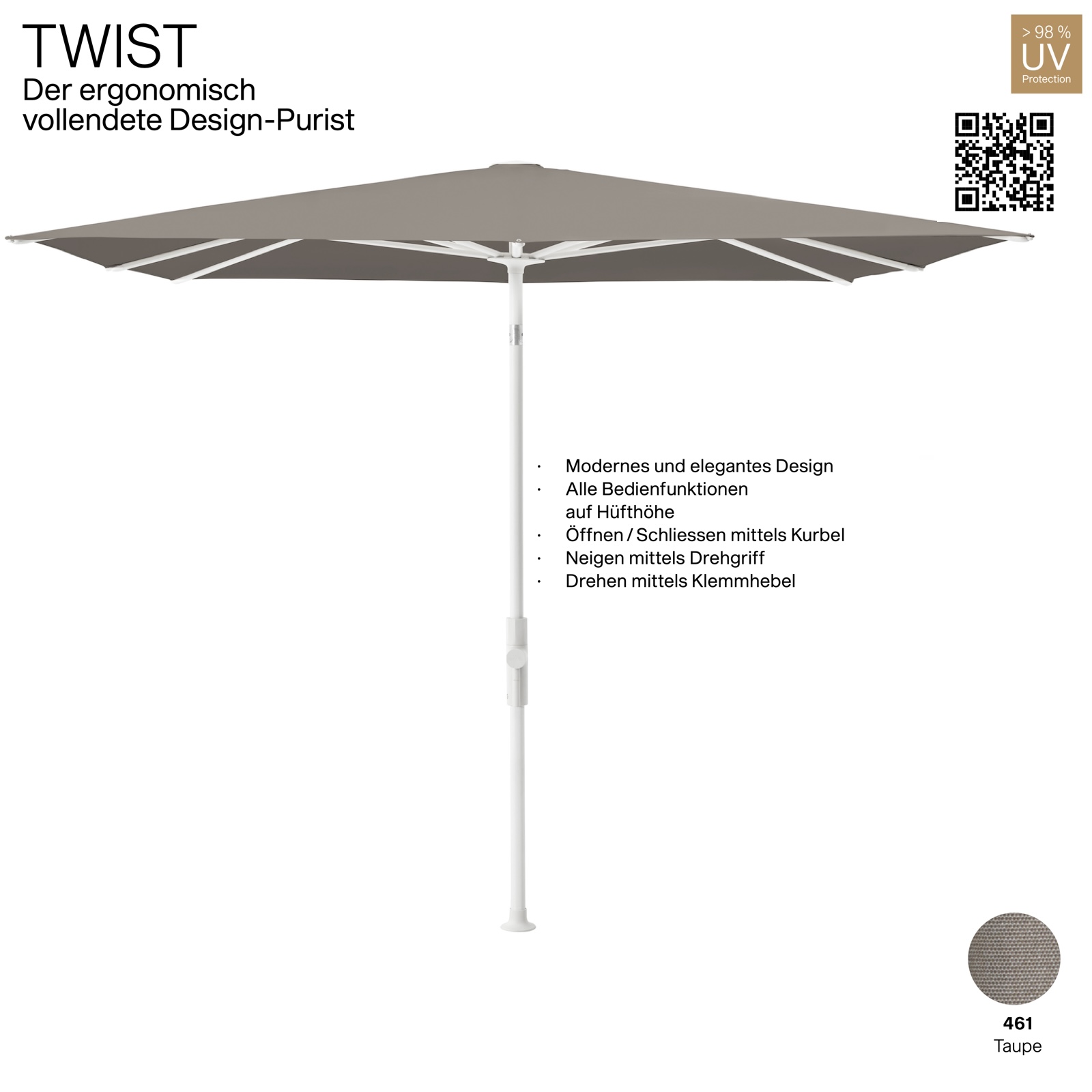 GLATZ Sonnenschirm TWIST 250 x 200 cm Gestell matt weiss Stoff Farbe 461 Taupe Mittelmastschirm