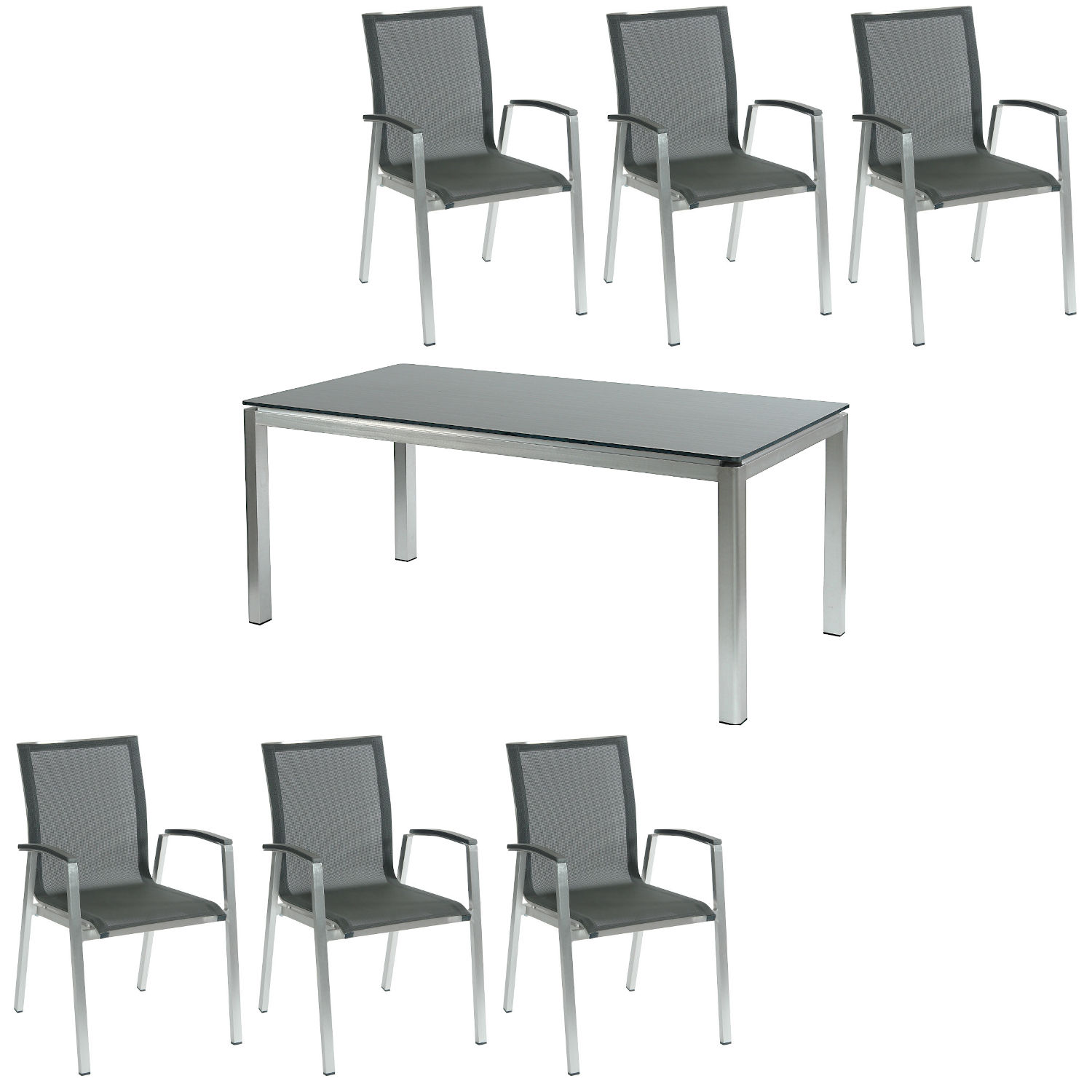 Inko 7-teilige Sitzgruppe Ancona 180x90 cm Alu gebürstet/HPL zebranowood/Textilene Inko 7-teilige Sitzgruppe Ancona 180x90 cm Alu gebürstet/HPL zebranowood/Textilene