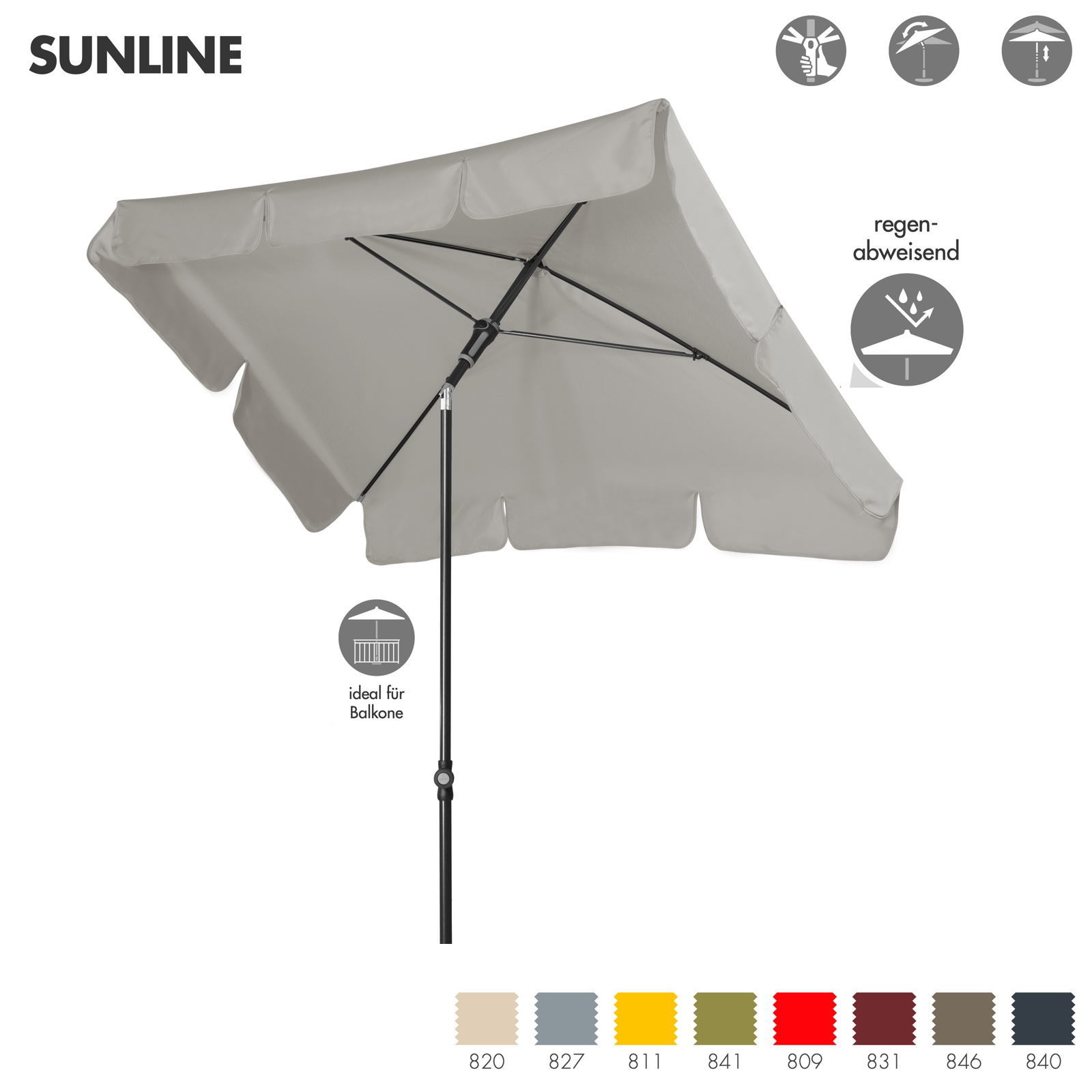 Doppler Sunline Manual Neo Waterproof 225 x 120 cm eckig Sonnenschirm in 8 Farben Mittelmastschirm Balkonschirm