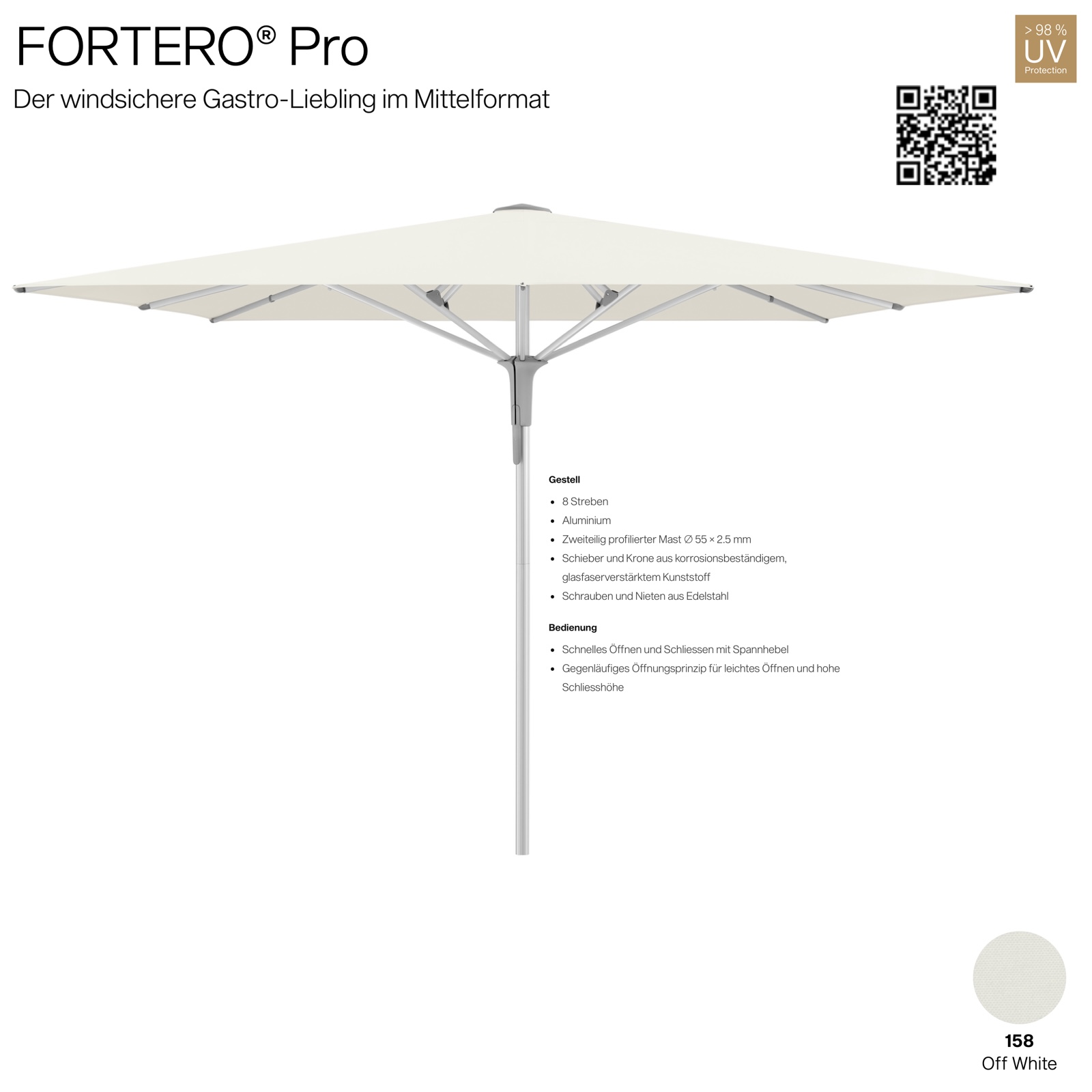 GLATZ Sonnenschirm FORTERO® Pro quadratisch 300 x 300 cm Farbe 158 Off White Mittelmastschirm