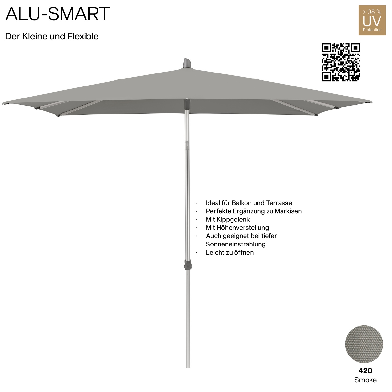 GLATZ Sonnenschirm ALU-SMART 200 x 200 cm Gestell natureloxiert Farbe 420 Smoke