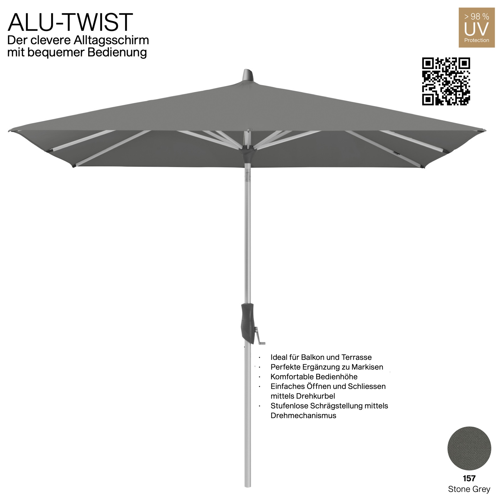GLATZ Sonnenschirm ALU-TWIST rechteckig 250 x 200 cm Stoffqualität 2 Farbe 157 Stone Grey Mittelstock