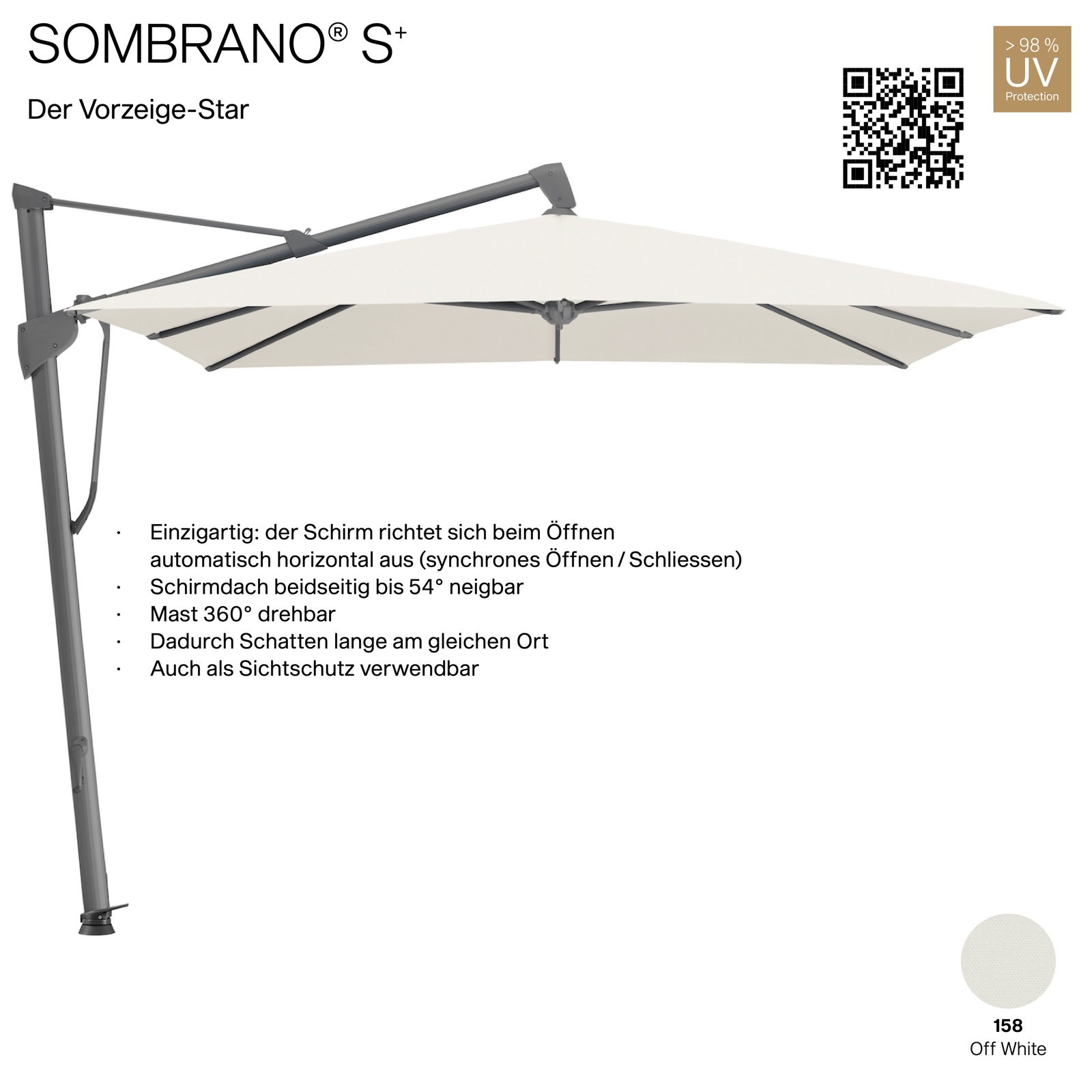 GLATZ Ampelschirm SOMBRANO® S+ quadratisch 300 x 300 cm Freiarmschirm Farbe 158 Off White