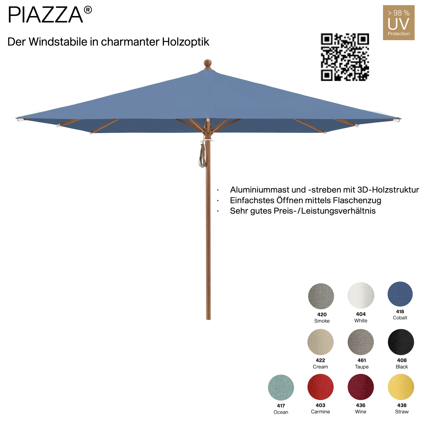 GLATZ Sonnenschirm PIAZZA quadratisch mit 250 x 250 cm Mittelmastschirm Stoffqualität 4 verschiedene Farben