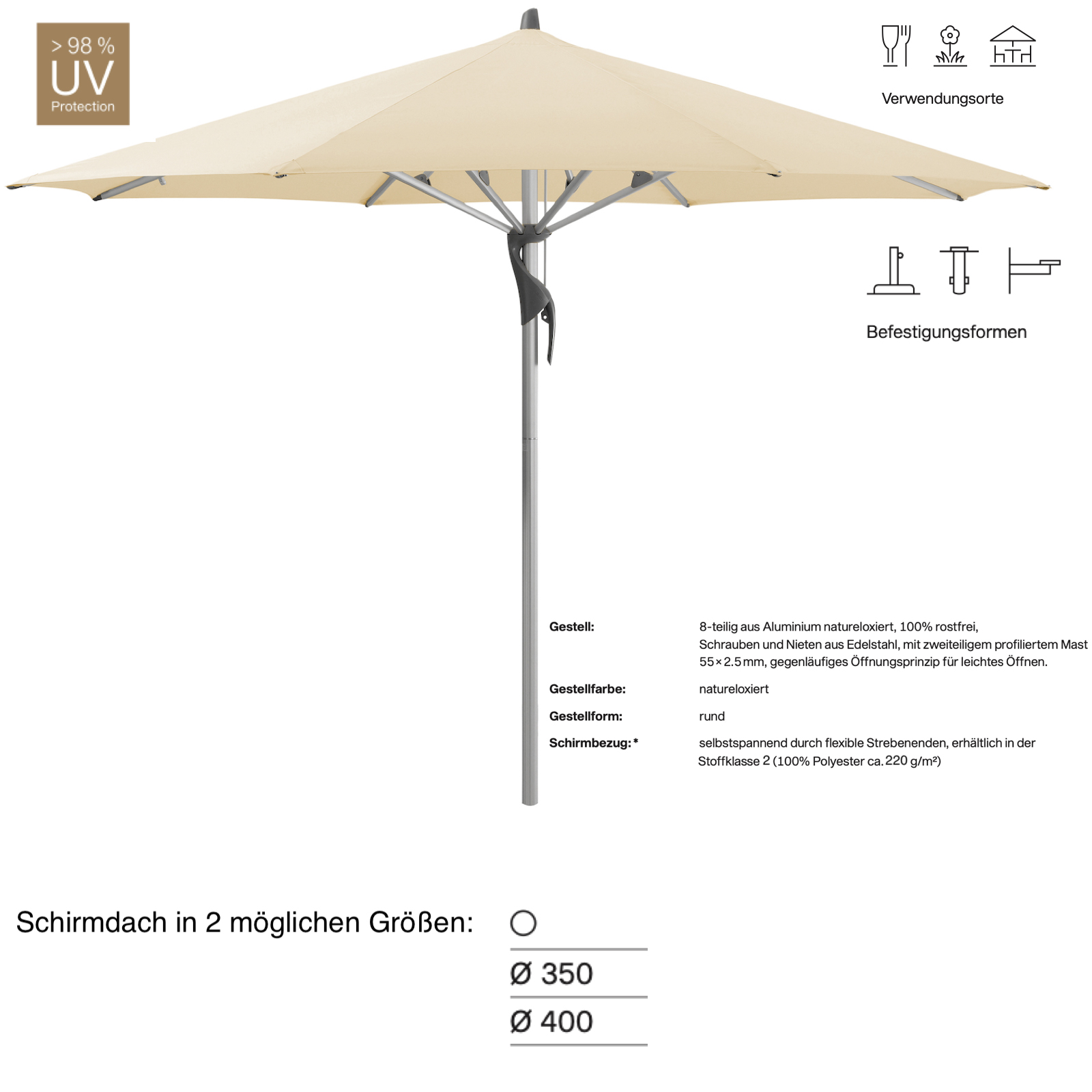 GLATZ Sonnenschirm FORTERO® easy rund ø 350 cm Stoffklasse 2 Eggshell 150 Mittelmast GLATZ Sonnenschirm FORTERO® easy rund ø 350 cm Stoffklasse 2 Eggshell 150 Mittelmast