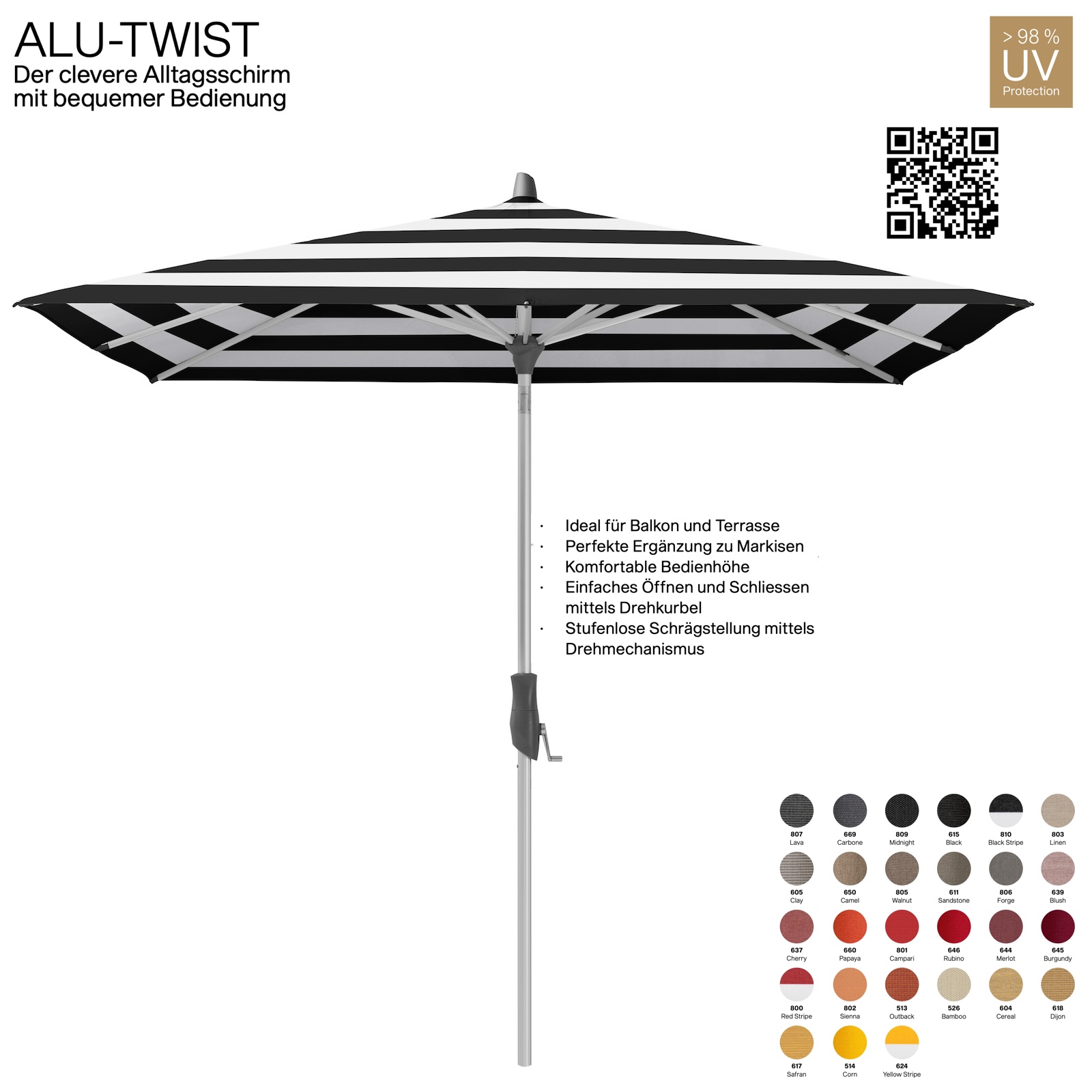 GLATZ Sonnenschirm ALU-TWIST rechteckig 250 x 200 cm Gestell natureloxiert Stoff 100 % Polyacryl verschiedene Farben