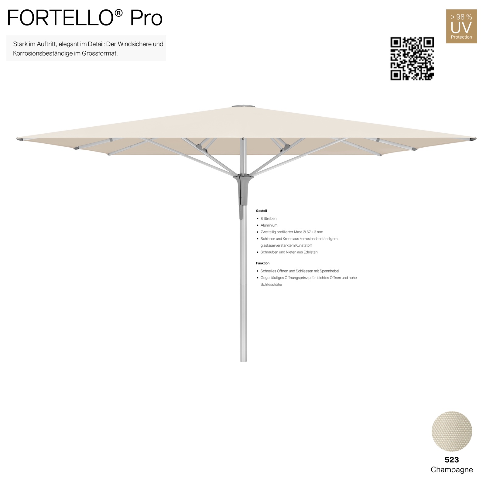 GLATZ Sonnenschirm FORTELLO® Pro rechteckig 400 x 300 cm Farbe 523 Champagne Mittelmastschirm