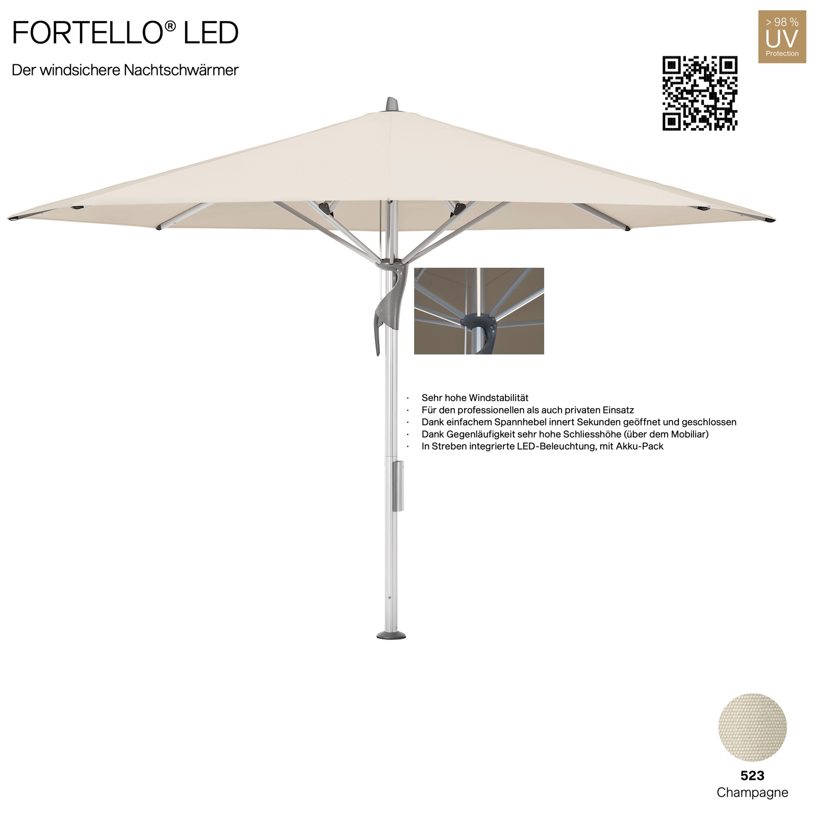GLATZ Sonnenschirm FORTELLO® rund ø 400 cm Farbe 523 Champagne 100 % Polyacryl inkl. Akku-Pack