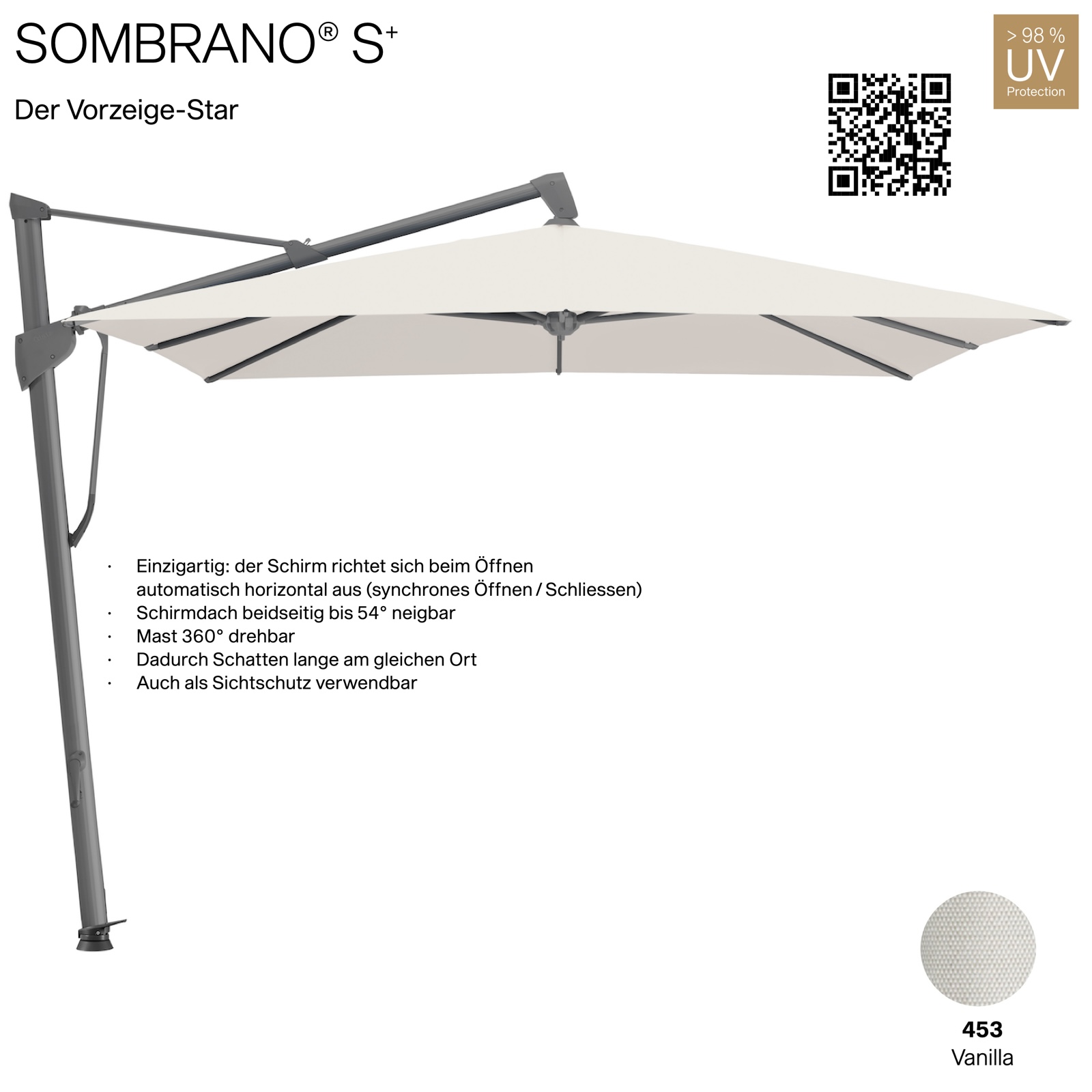 GLATZ Ampelschirm SOMBRANO® S+ quadratisch 350 x 350 cm Freiarmschirm Farbe 453 Vanilla