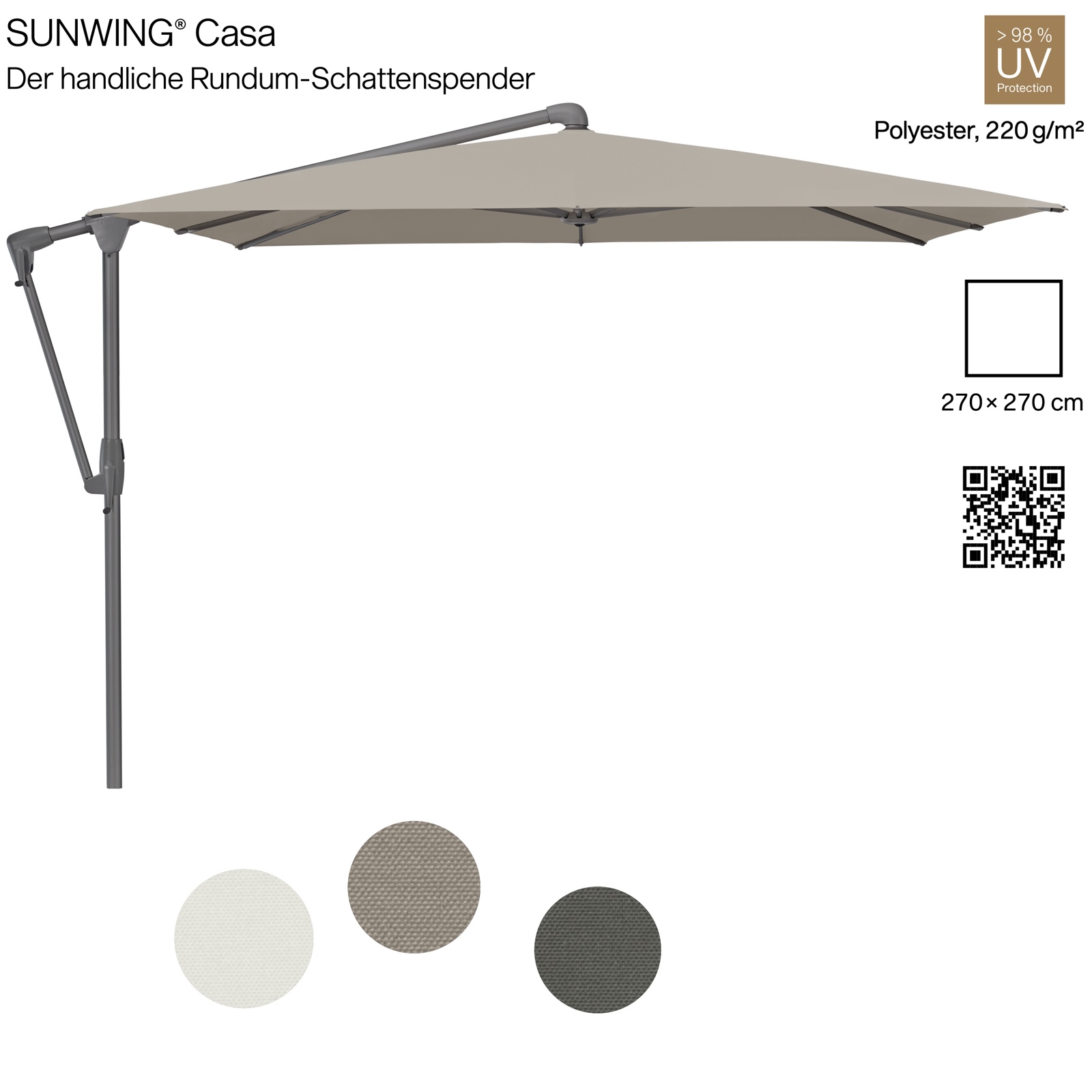GLATZ Sonnenschirm SUNWING® CASA quadratisch 270 x 270 cm in 3 möglichen Farben Ampelschirm Stoffklasse 2 GLATZ Sonnenschirm SUNWING® CASA quadratisch 270 x 270 cm in 3 möglichen Farben Ampelschirm Stoffklasse 2