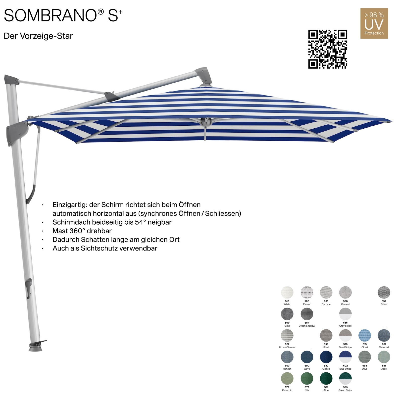 GLATZ Ampelschirm SOMBRANO® S+ quadratisch 300 x 300 cm Freiarmschirm in 23 Farben wählbar