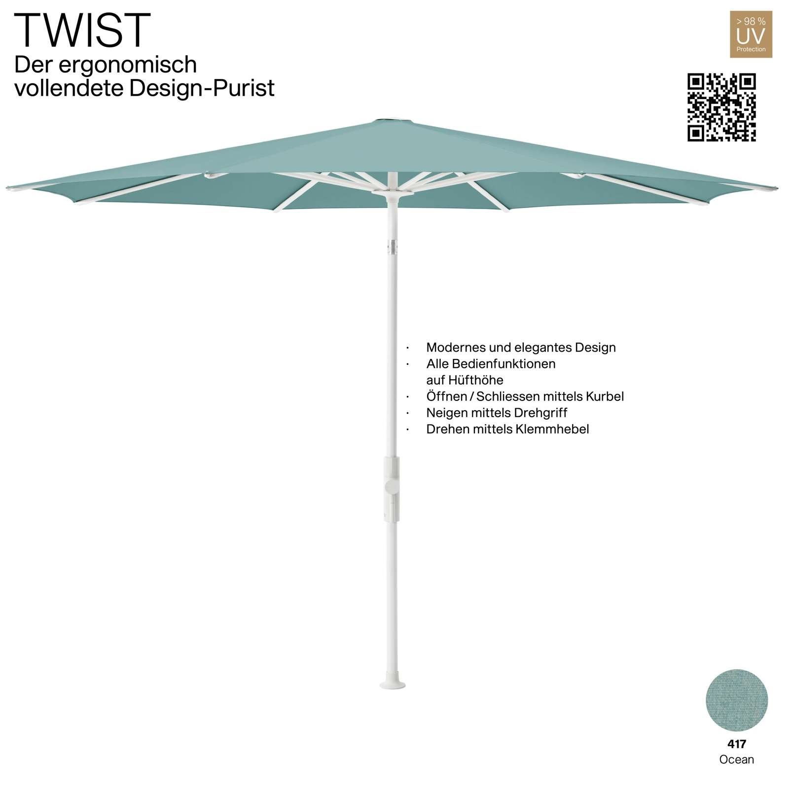 GLATZ Sonnenschirm TWIST rund ø 270 cm Gestell matt weiss Stoff Farbe 417 Ocean Mittelmastschirm GLATZ Sonnenschirm TWIST rund ø 270 cm Gestell matt weiss Stoff Farbe 417 Ocean Mittelmastschirm