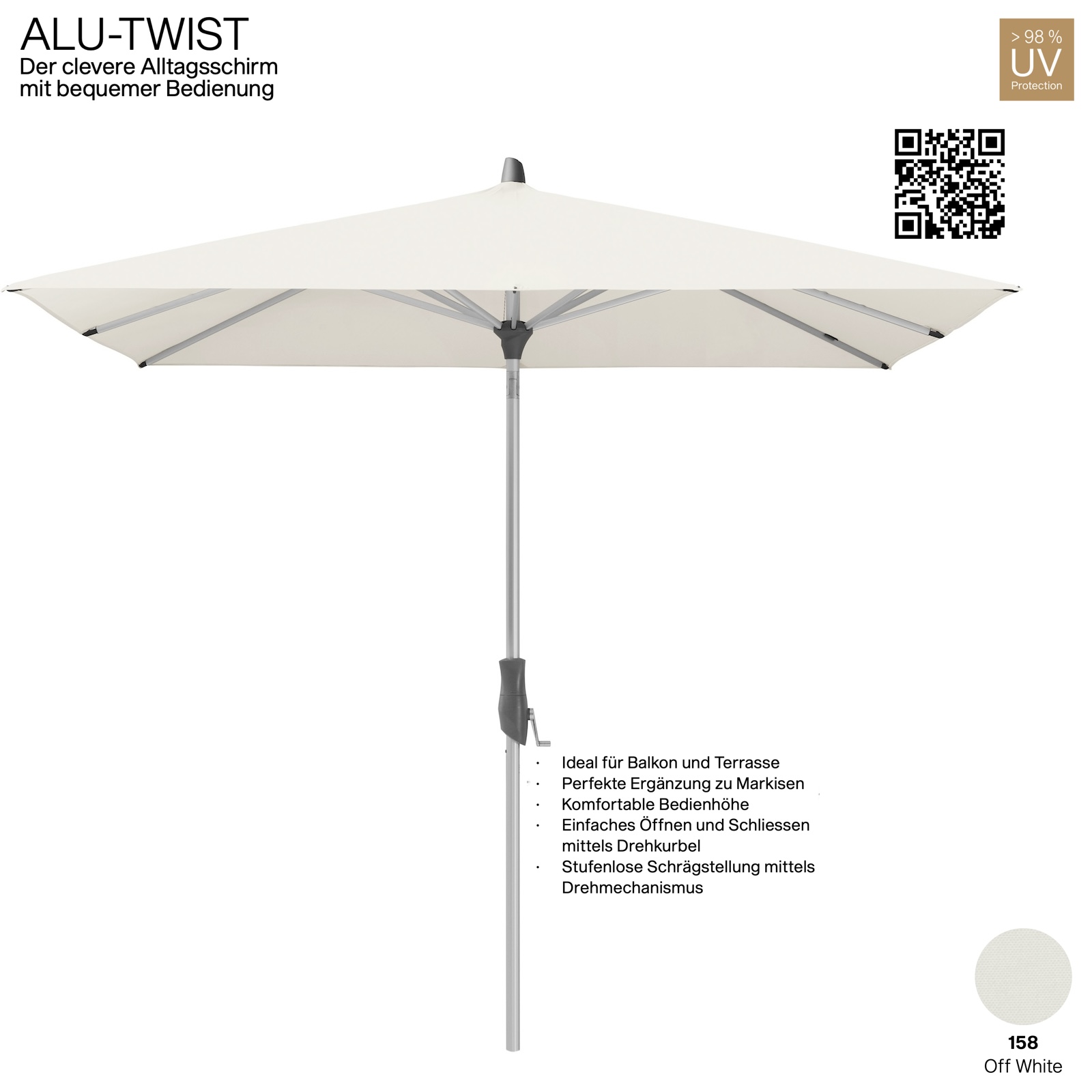 GLATZ Sonnenschirm ALU-TWIST quadratisch 240 x 240 cm Stoffqualität 2 Farbe 158 Off White Mittelstock