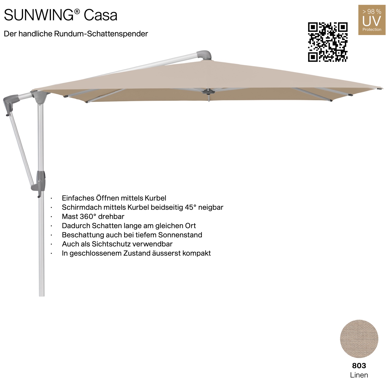 GLATZ Sonnenschirm SUNWING® CASA quadratisch 270 x 270 cm Gestell natureloxiert Farbe 803 Linen Ampelschirm